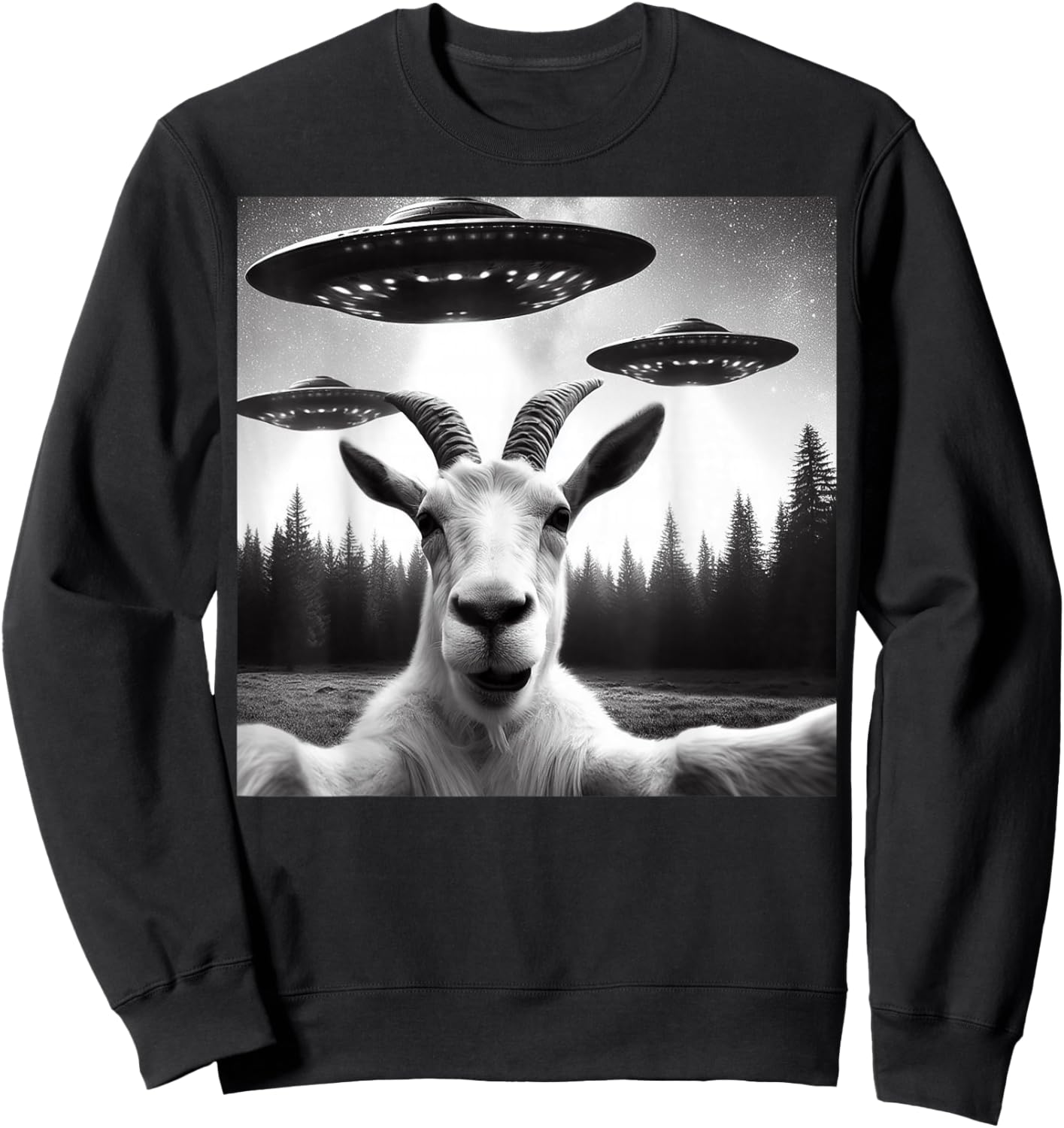 Goat Selfie With Alien UFO Funny Goat Gifts Women Sweatshirt - Sweatshirt | Black