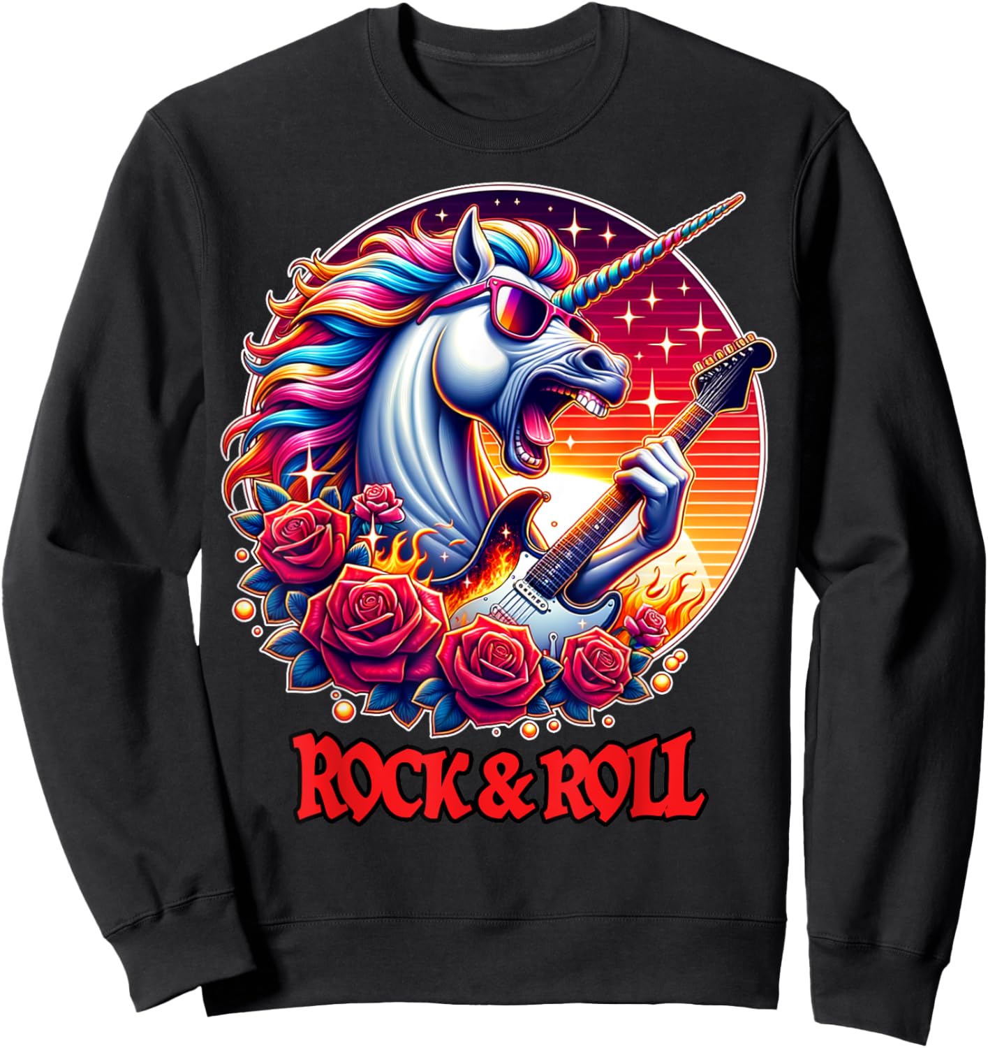 Unicorn Playing Guitar Rock and Roll Rock Star Women Sweatshirt - Sweatshirt | Black