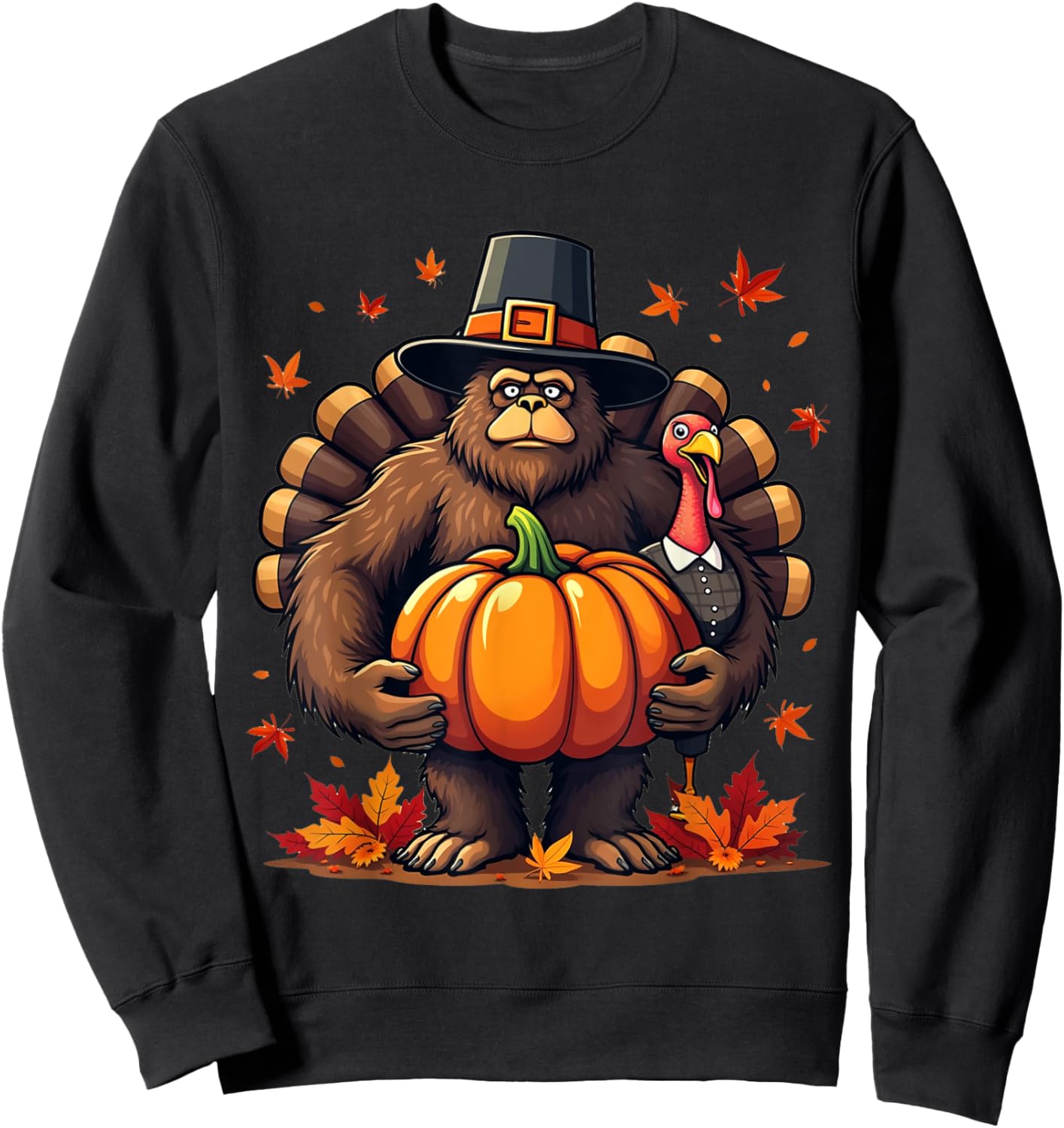 Bigfoot Pilgrim Thanksgiving with Pumpkin and Turkey Sweatshirt - Sweatshirt | Black