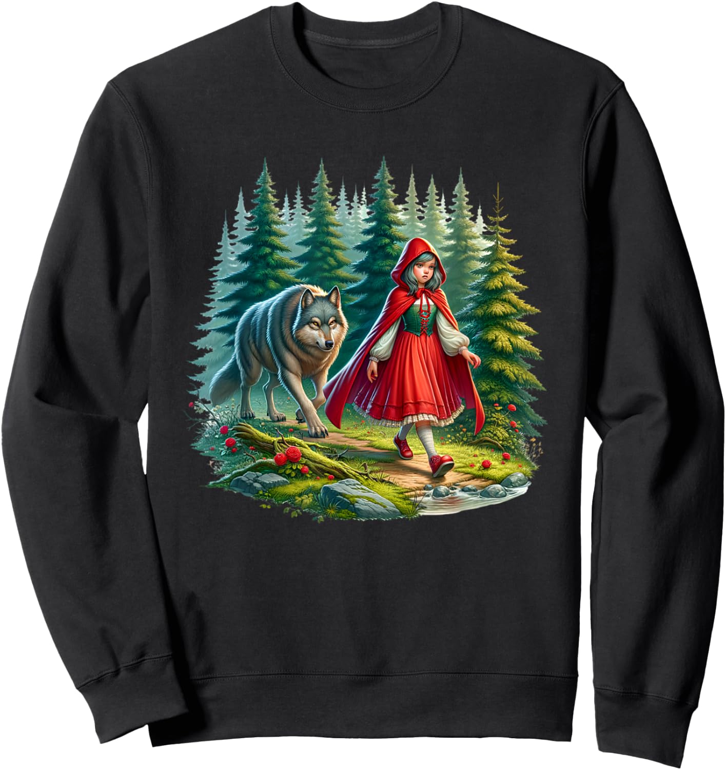 Little Red Riding Hood Stalked by Wolf Halloween Costume Sweatshirt - Sweatshirt | Black