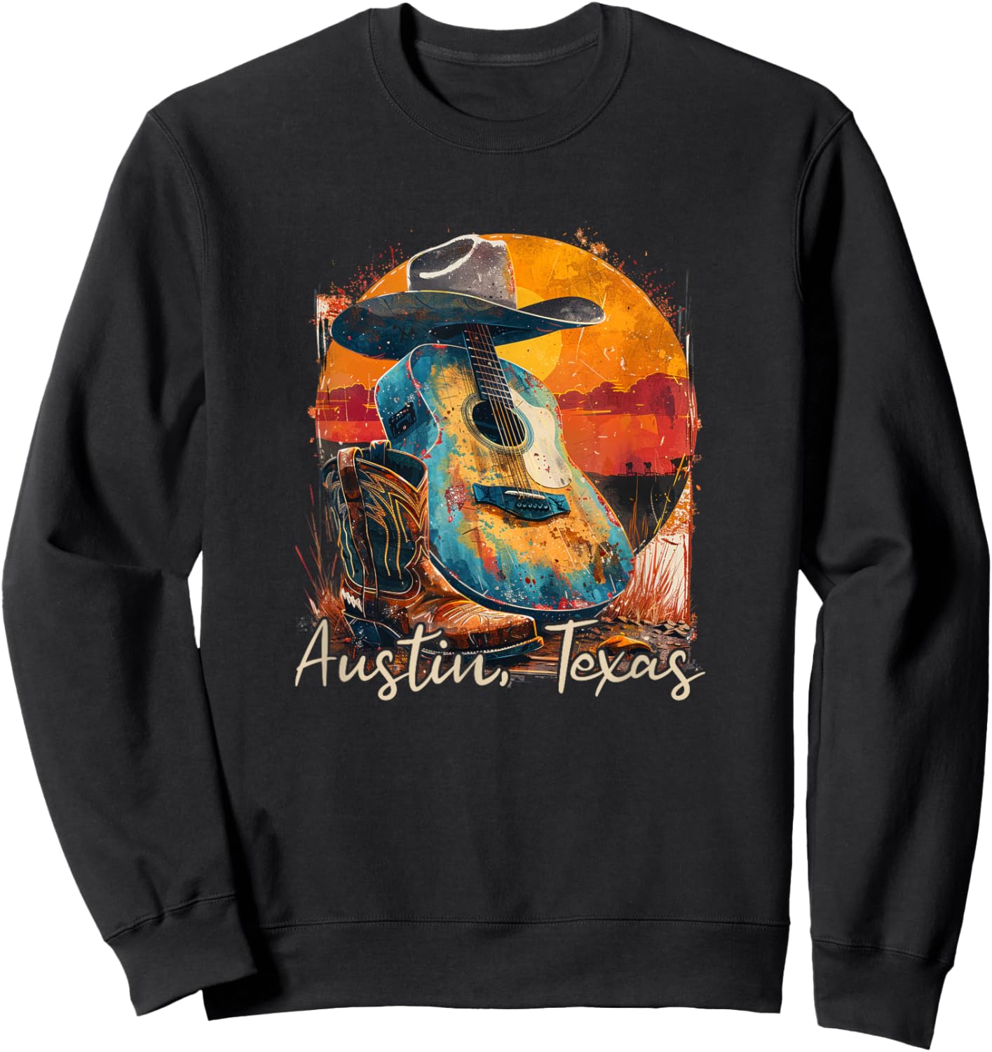 Austin Texas TX | Guitar Musician Cowboy Sweatshirt - Sweatshirt | Black