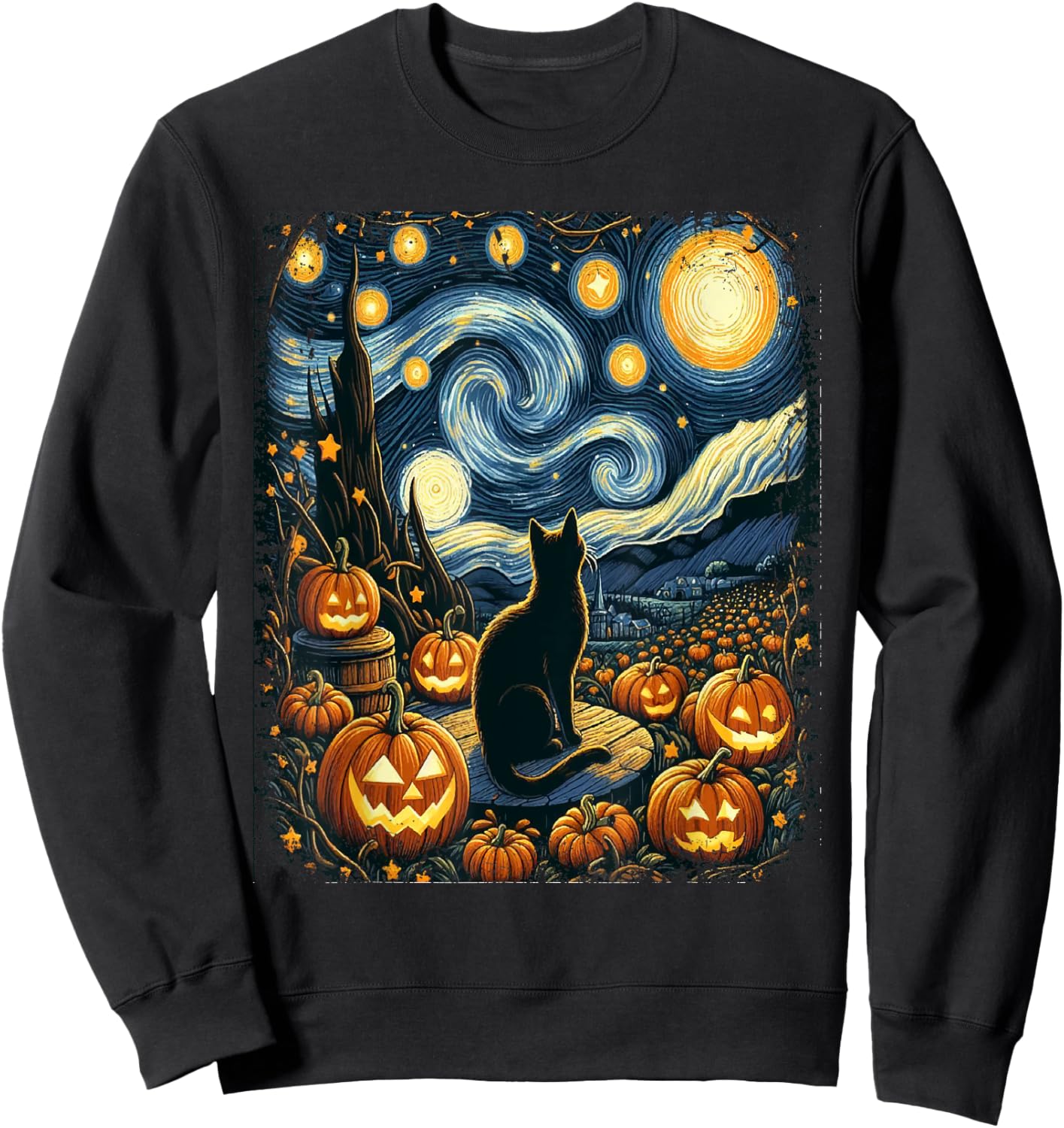 Halloween Van Gogh Starry Night Black Cat Pumpkins Men Women Kids Sweatshirt - Sweatshirt | Black