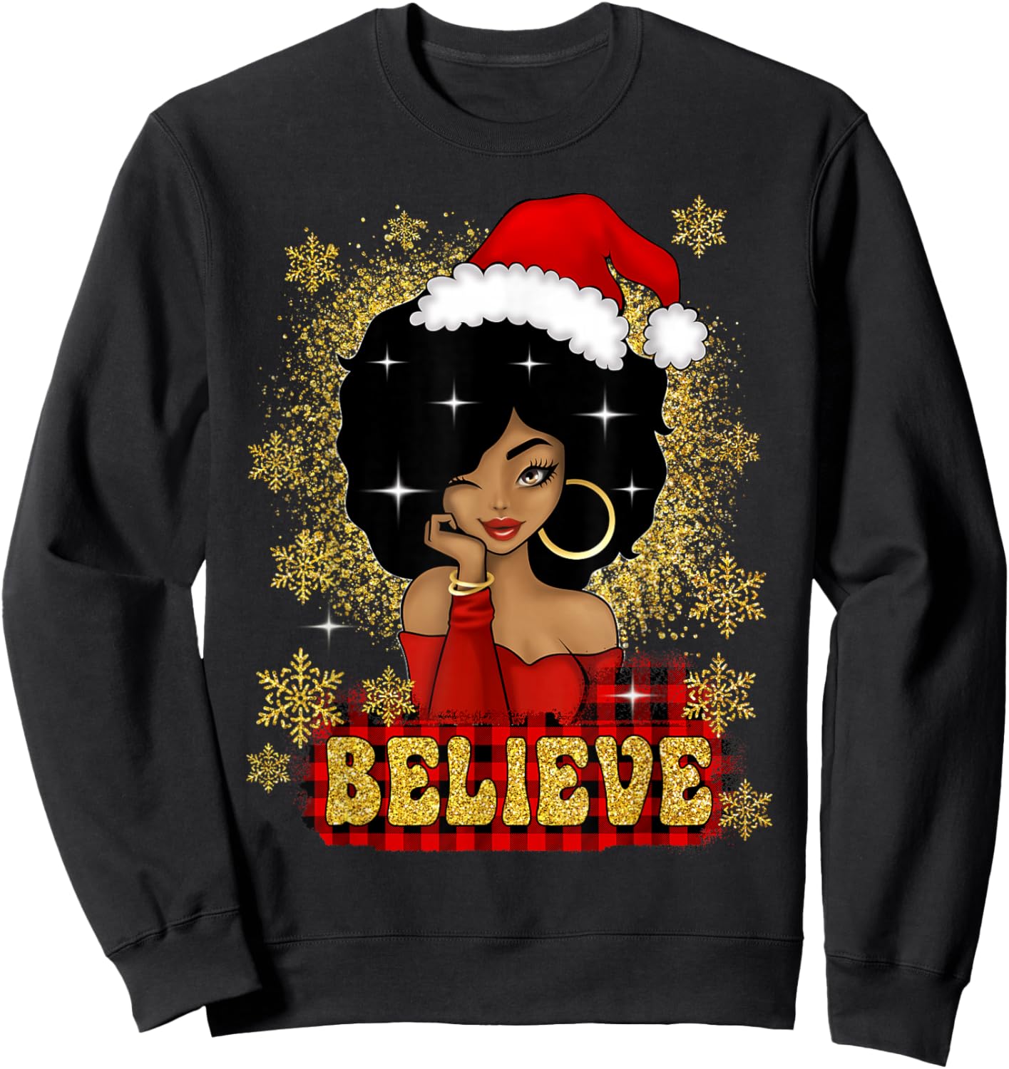 Christmas Believe Santa African American Black Woman Sweatshirt - Sweatshirt | Black