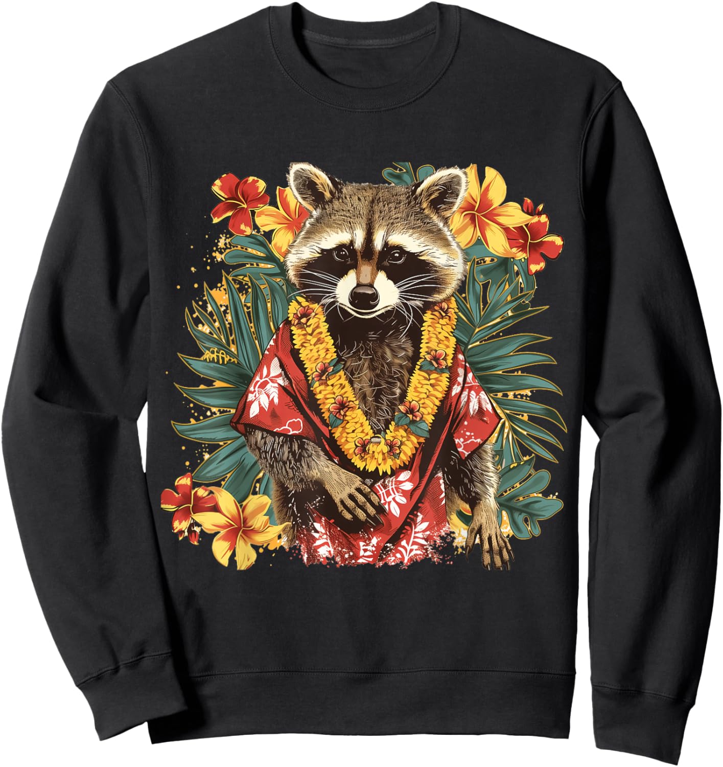 Hawaiian Hibiscus Flowers Hawaiian Raccoon Sweatshirt - Sweatshirt | Black