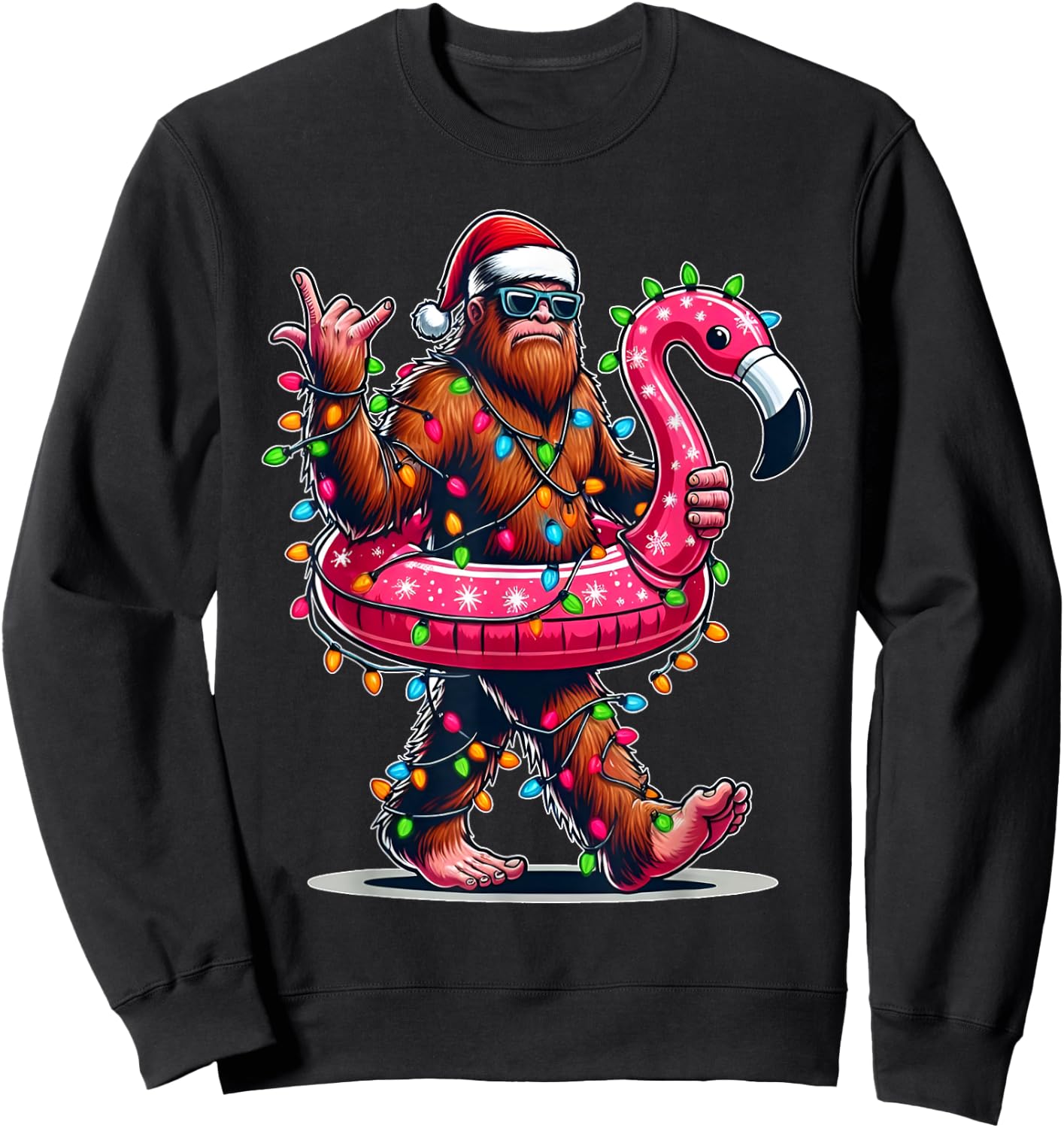 Santa Bigfoot Flamingo Christmas Light Funny Rock Sasquatch Sweatshirt - Sweatshirt | Black