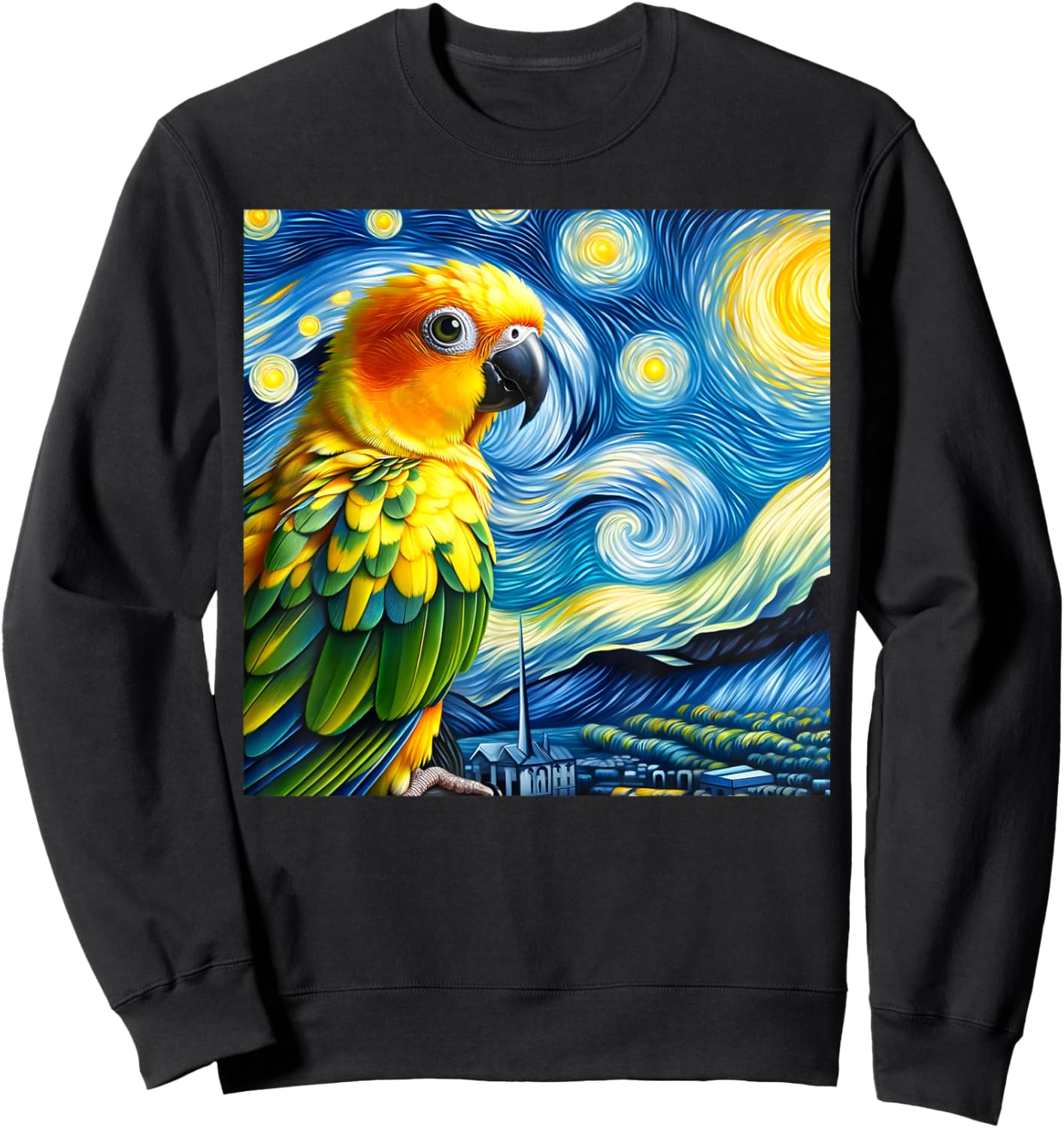 Sun Conure Mom Starry Night Sky Art Van Gogh Bird Parrot Sweatshirt - Sweatshirt | Black