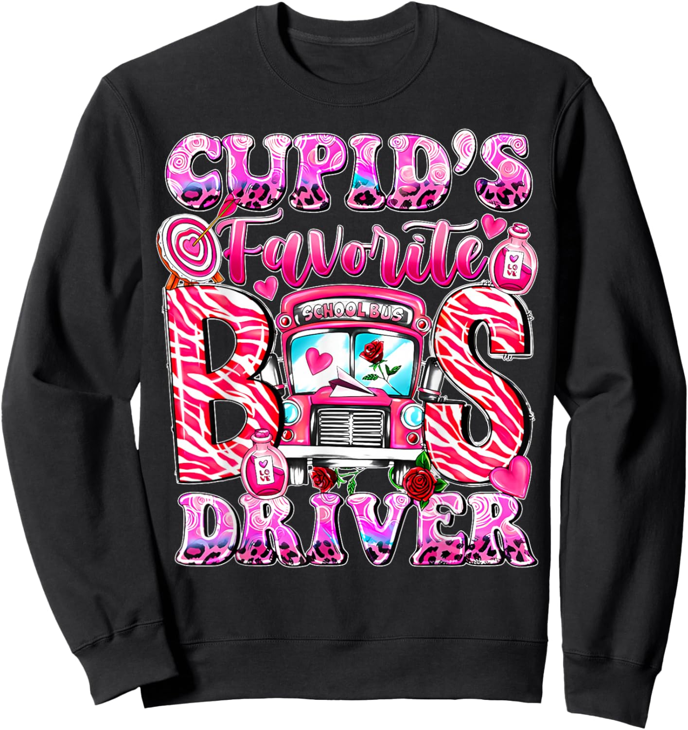 Groovy Cupid's Favorite School Bus Driver Valentine's Day Sweatshirt - Sweatshirt | Black