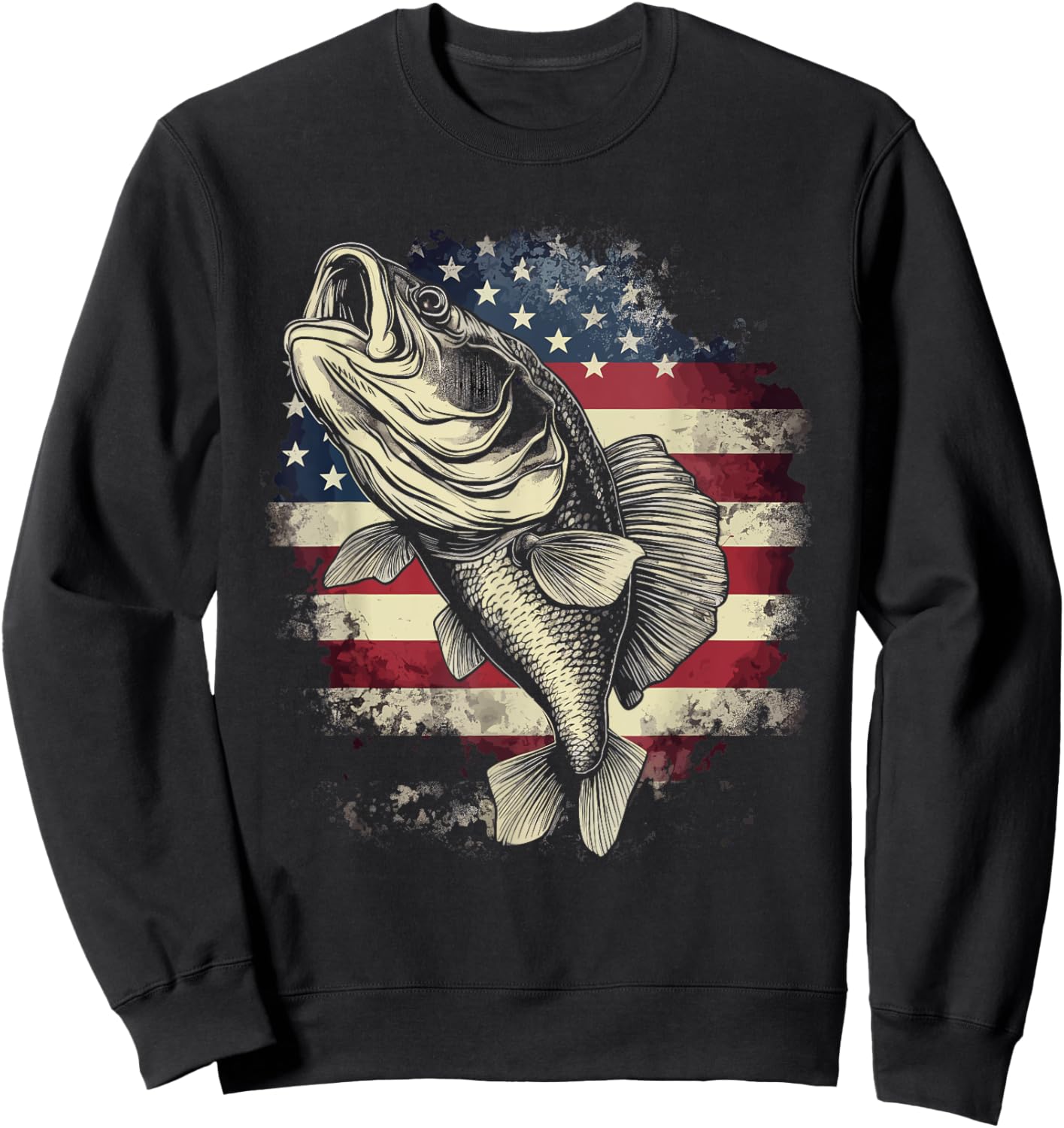 Patriotic Fishing 4th of July Men American Flag Bass Fishing Sweatshirt - Sweatshirt | Black