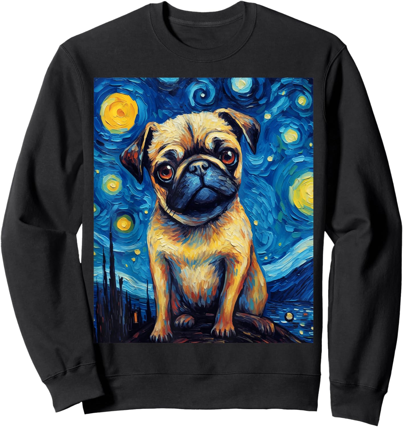 Starry Night Pug Dog Van Gogh Sky Painting Art Pug Lovers Sweatshirt - Sweatshirt | Black