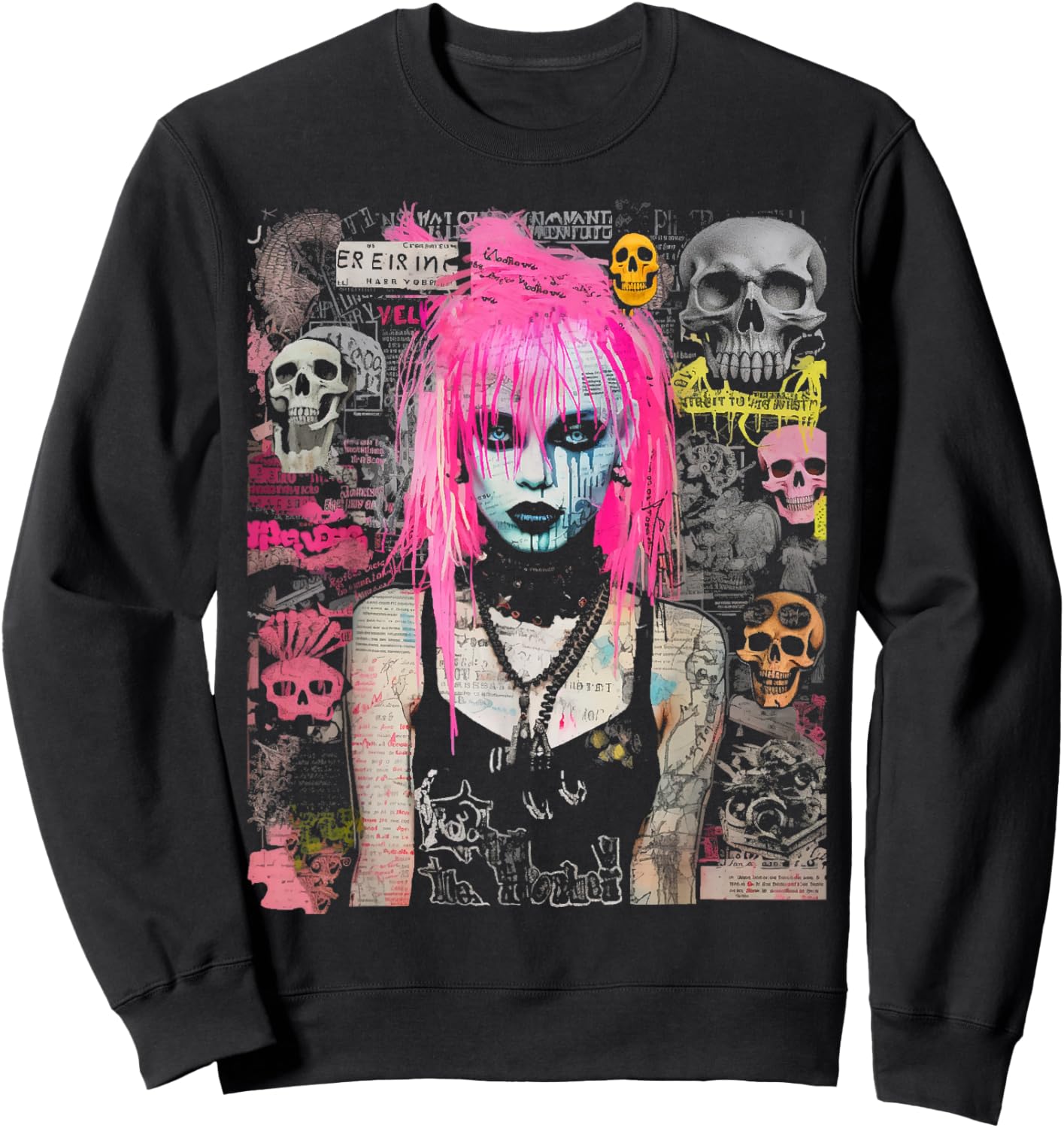Pink Hair Punk Goth Witch With Skull Collage Background Sweatshirt - Sweatshirt | Black