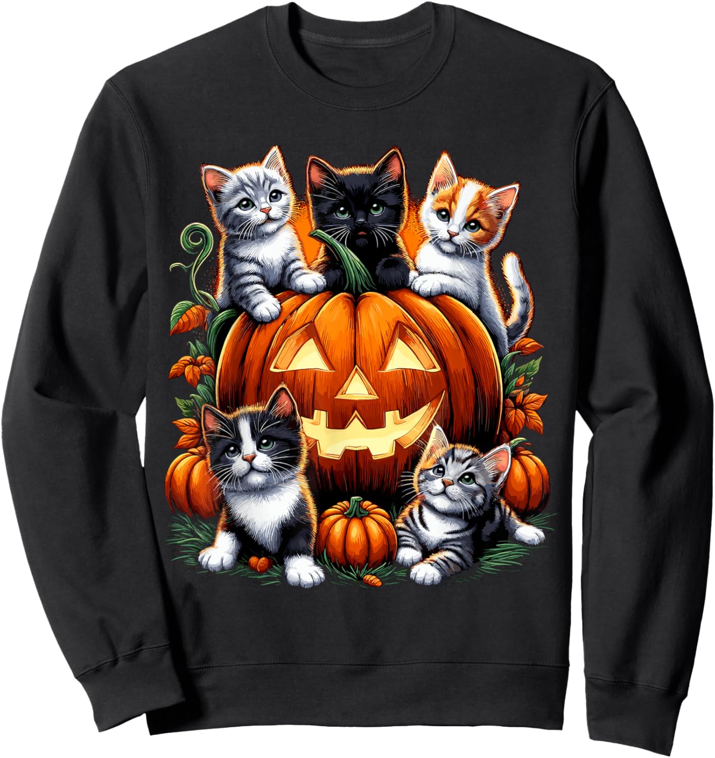 Cat Pumpkin Halloween Retro Floral Spooky Men Women Kids Sweatshirt - Sweatshirt | Black