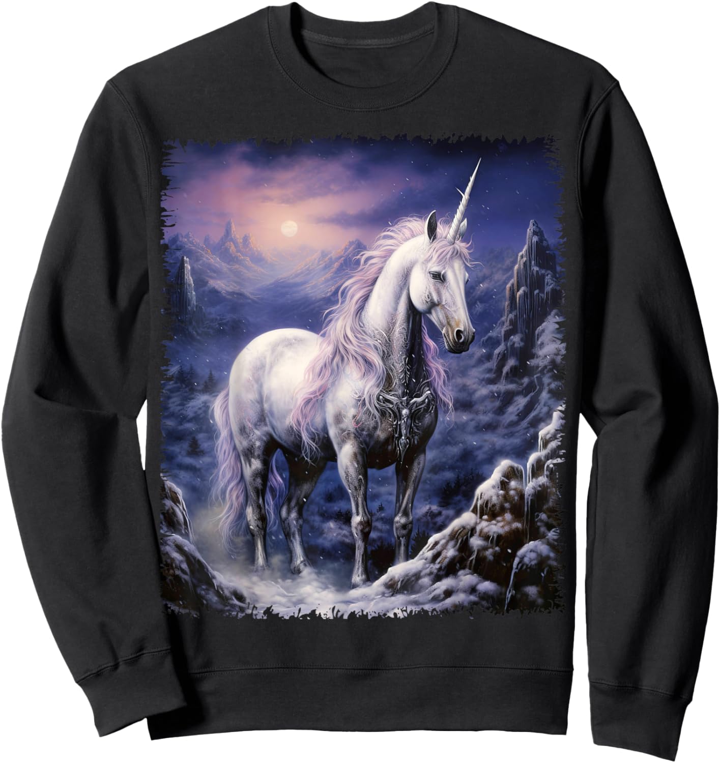 Fantasy white Unicorn standing in the snowy forest Sweatshirt - Sweatshirt | Black