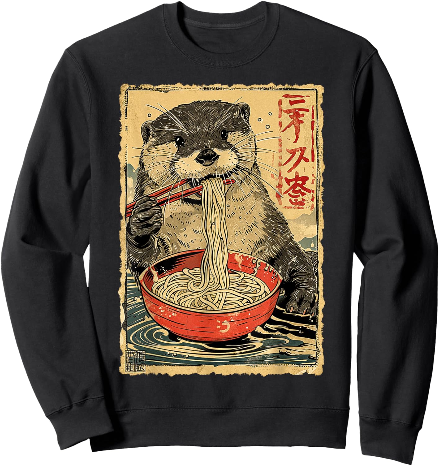 Funny Vintage Japanese Art Otter Eating Ramen Noodles Kids Sweatshirt - Sweatshirt | Black