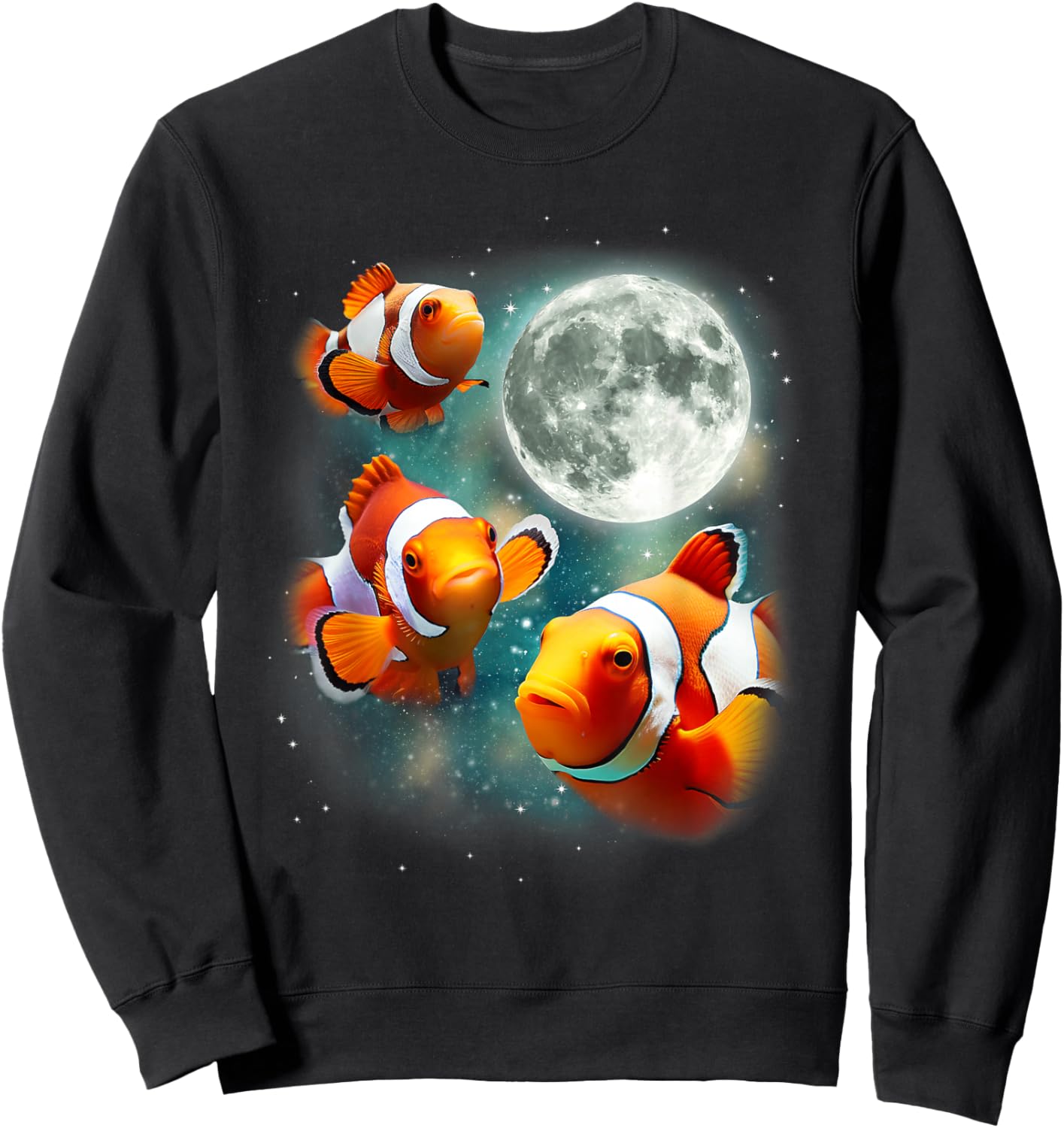 Three Clownfish Moon | Tropical Ocean Marine Clown Fish Sweatshirt - Sweatshirt | Black