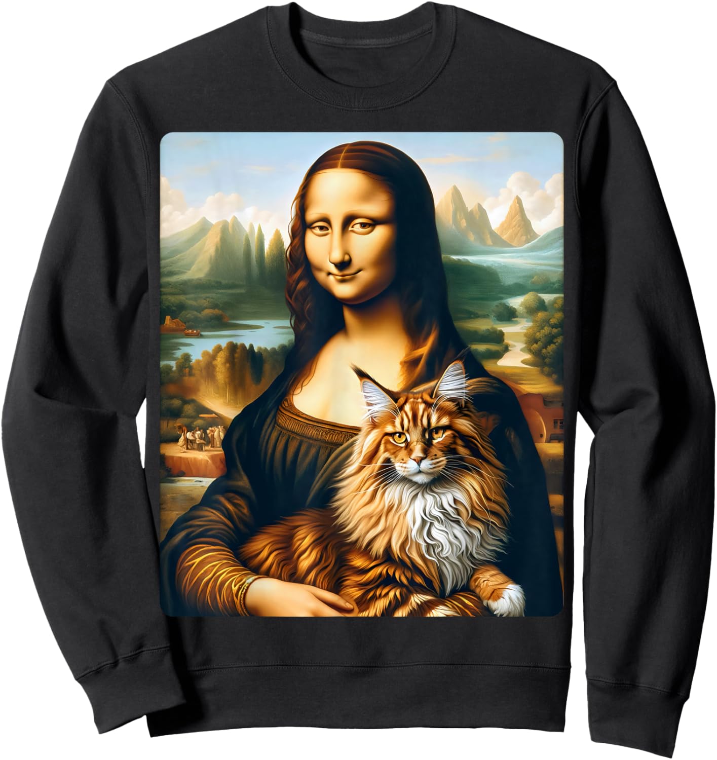 Mona Lisa's Feline Companion: Maine Coon Cat Artwork Women Kids Sweatshirt - Sweatshirt | Black
