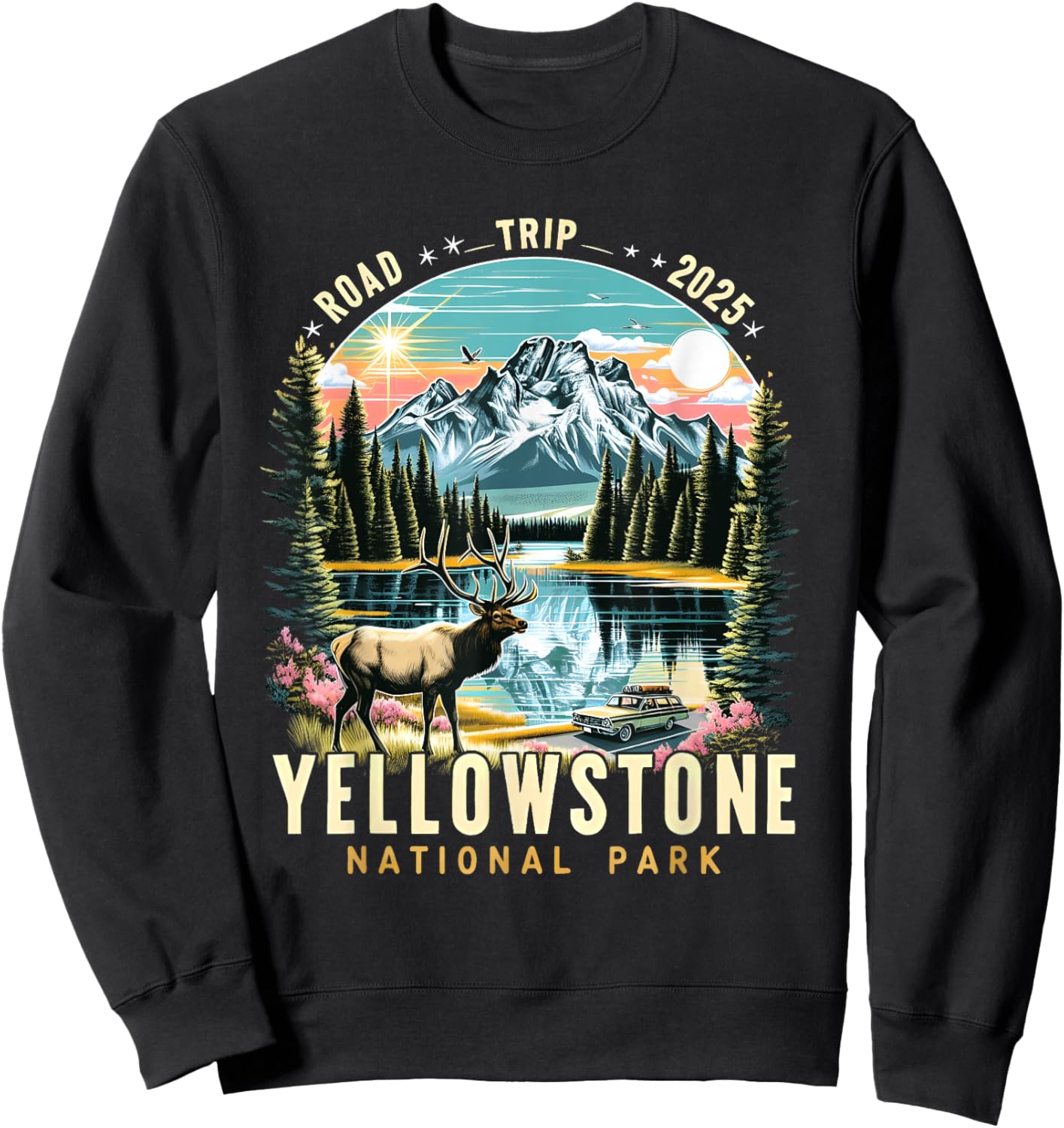 Yellowstone Road Trip 2025 Nature Adventure Souvenir Graphic Sweatshirt - Sweatshirt | Black