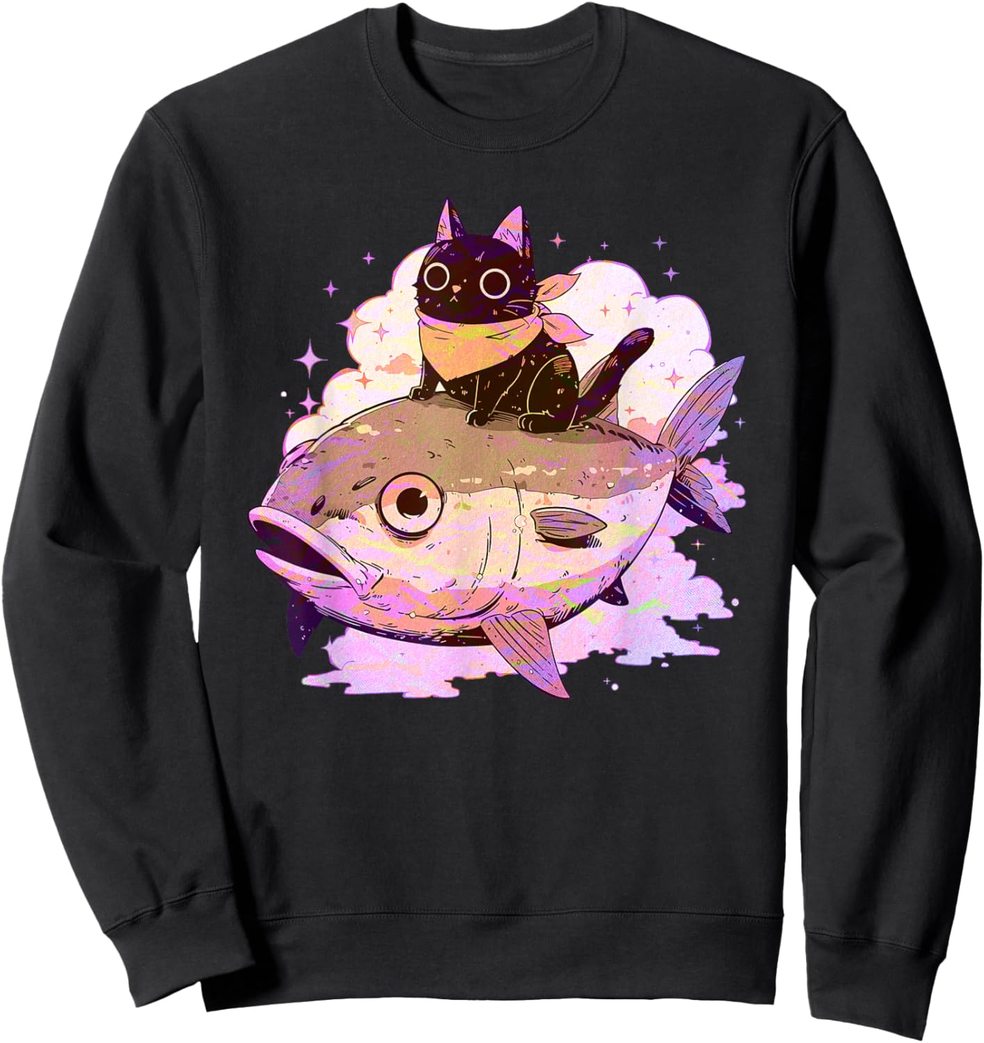 Funny Pink Pastel Goth Aesthetic Tuna Fish Neko Kawaii Cat Men Women Girls Kids Sweatshirt - Sweatshirt | Black