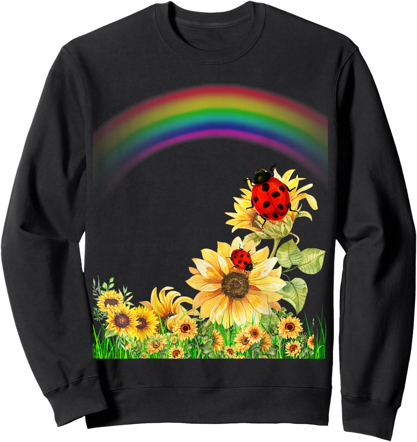 Ladybugs With Rainbows and Sunflowers Ladybug Design Sweatshirt - Sweatshirt | Black
