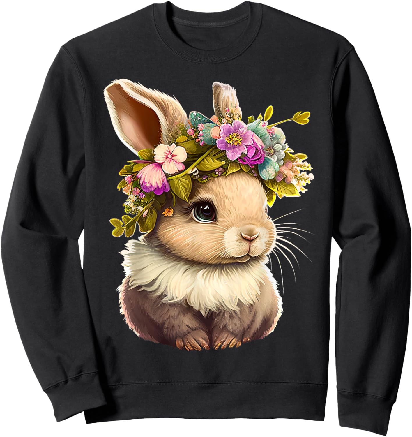 Easter Bunny Rabbit Women - Happy Bunny Flower Graphic Girls Sweatshirt - Sweatshirt | Black