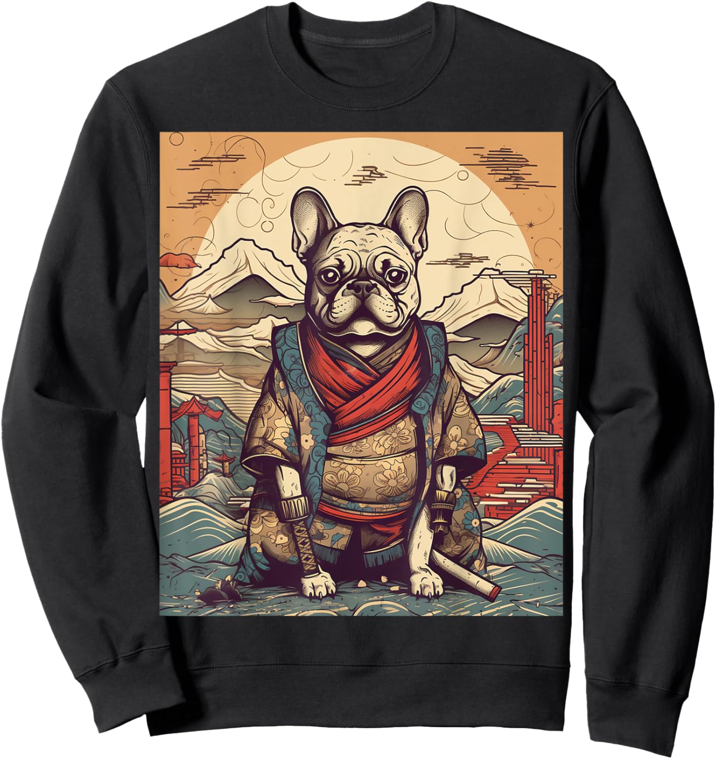 Vintage Japanese Art Samurai French Bulldog Sweatshirt - Sweatshirt | Black