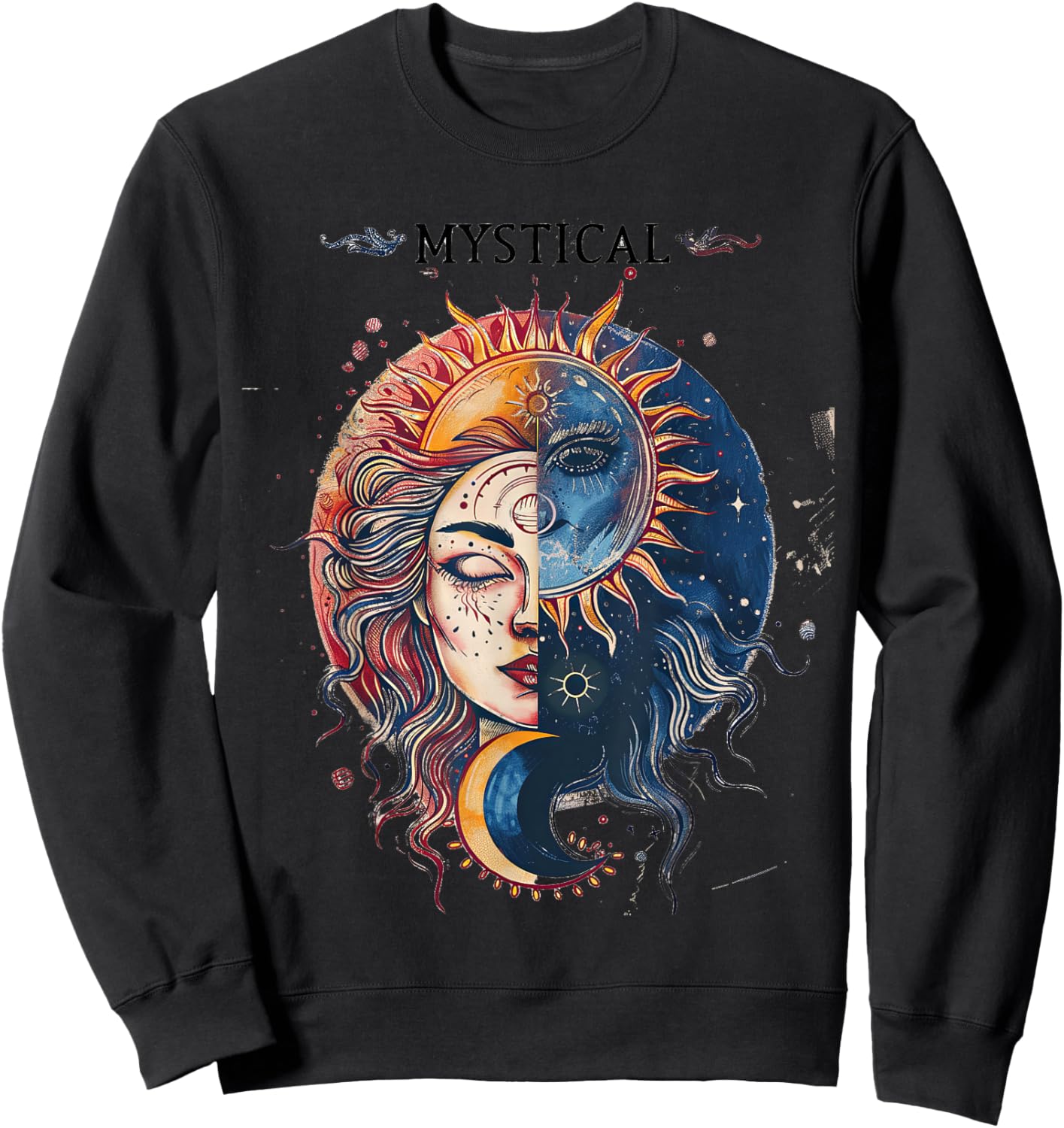 Mystical Sun and Moon Woman Mystic Flowers Aesthetic Sweatshirt - Sweatshirt | Black