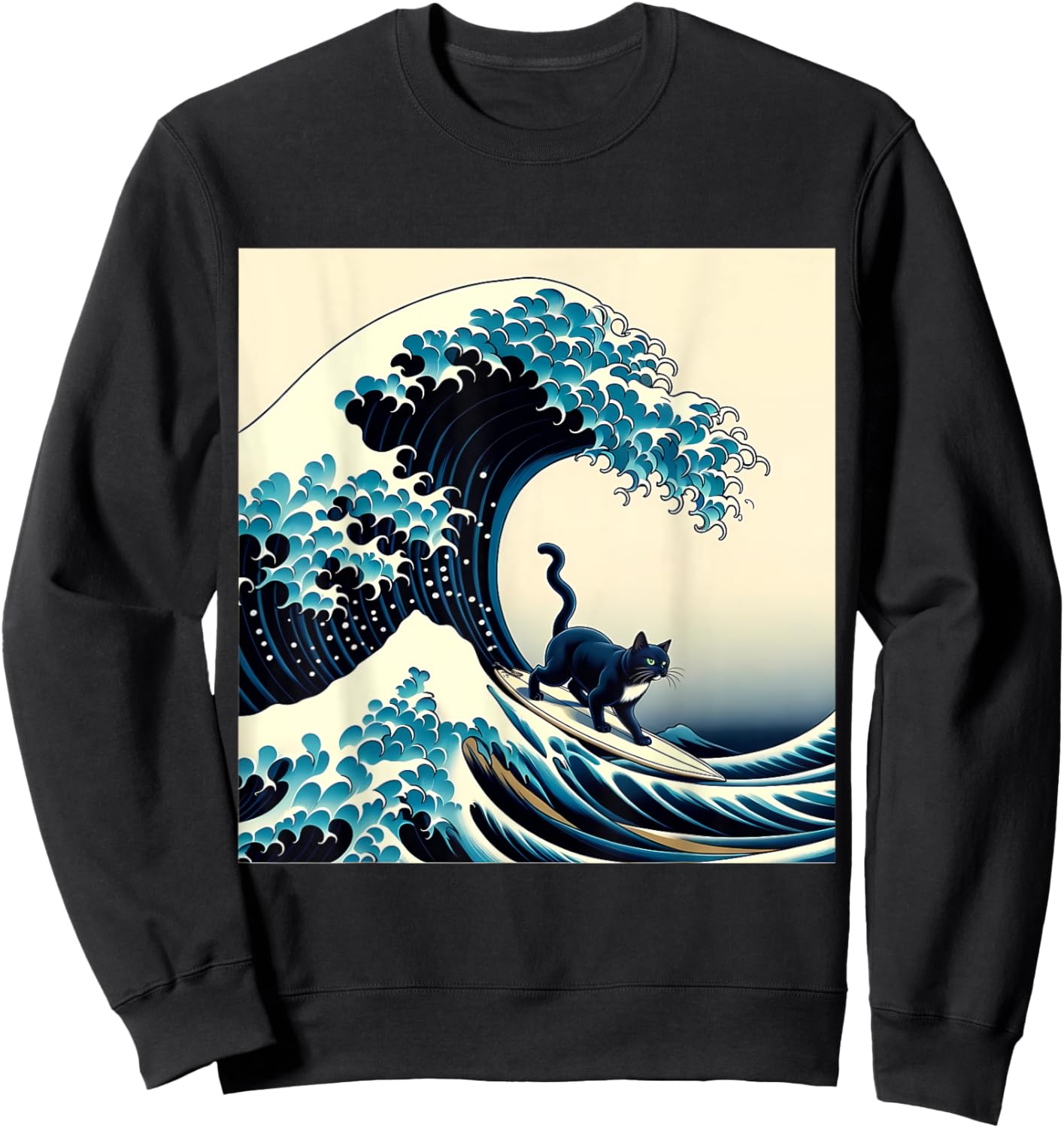 Black Cat With Surf Surfing The Great Wave Men Women Kids Sweatshirt - Sweatshirt | Black