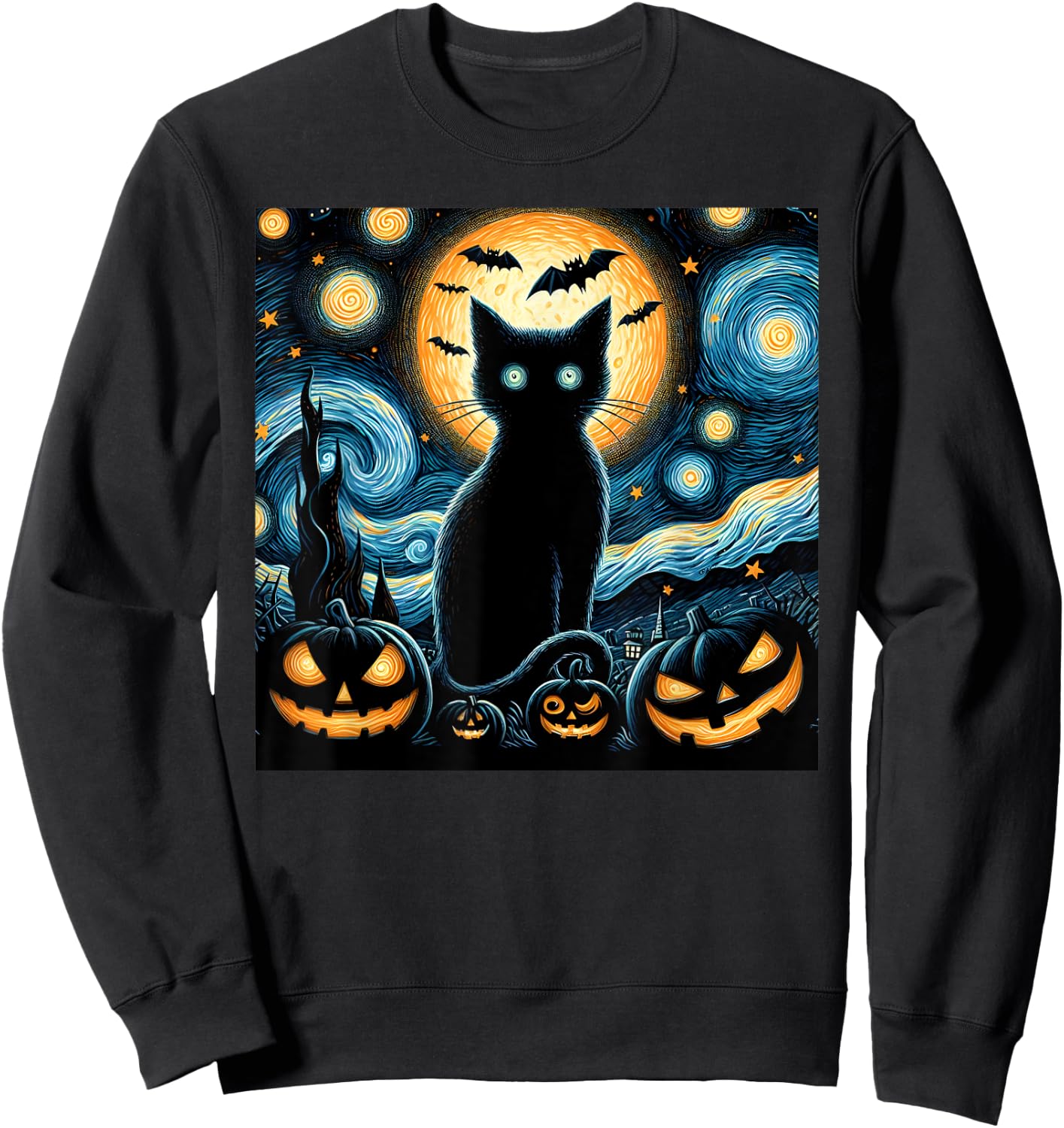 Halloween Starry Night Black Cat Van Gogh Halloween Cat Women Kids Sweatshirt - Sweatshirt | Black