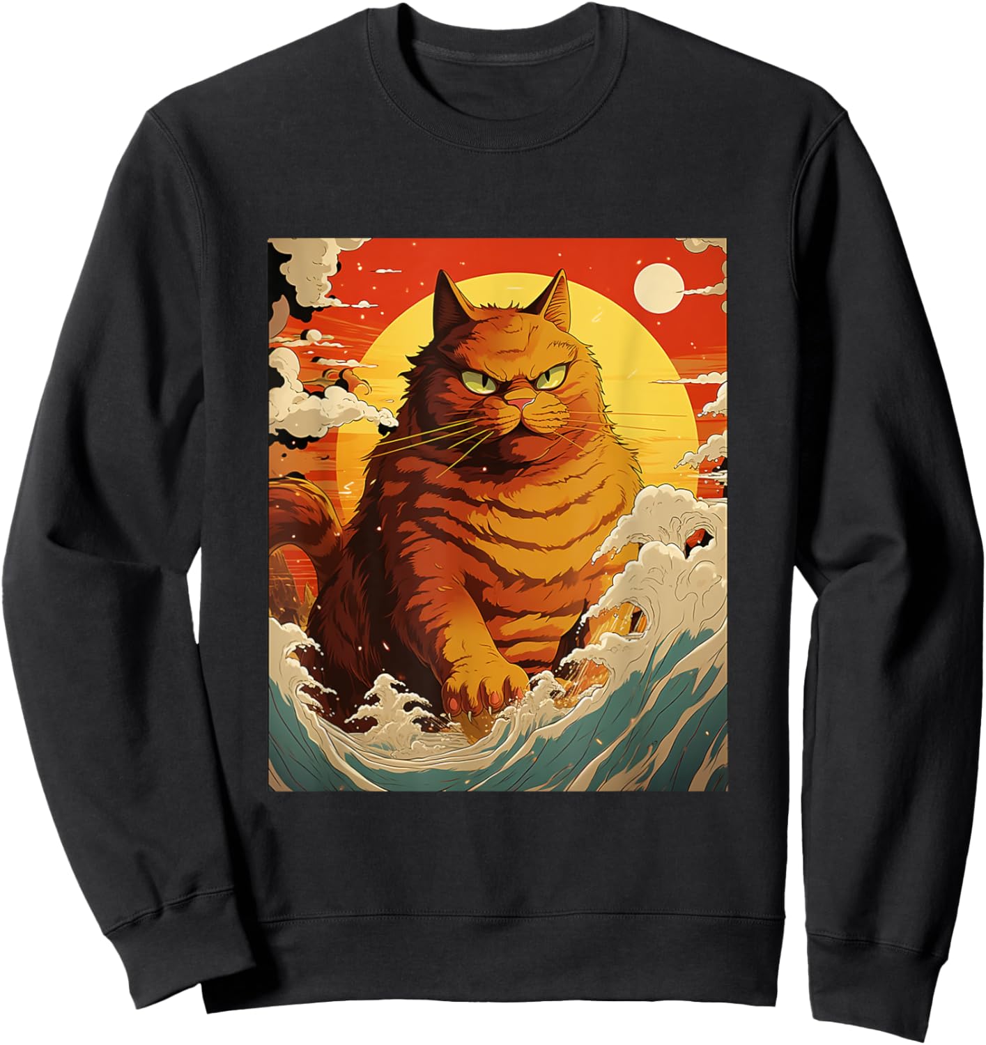 Catzilla Vintage Funny Cute Cat Art Japanese Sunset Waves Women Sweatshirt - Sweatshirt | Black
