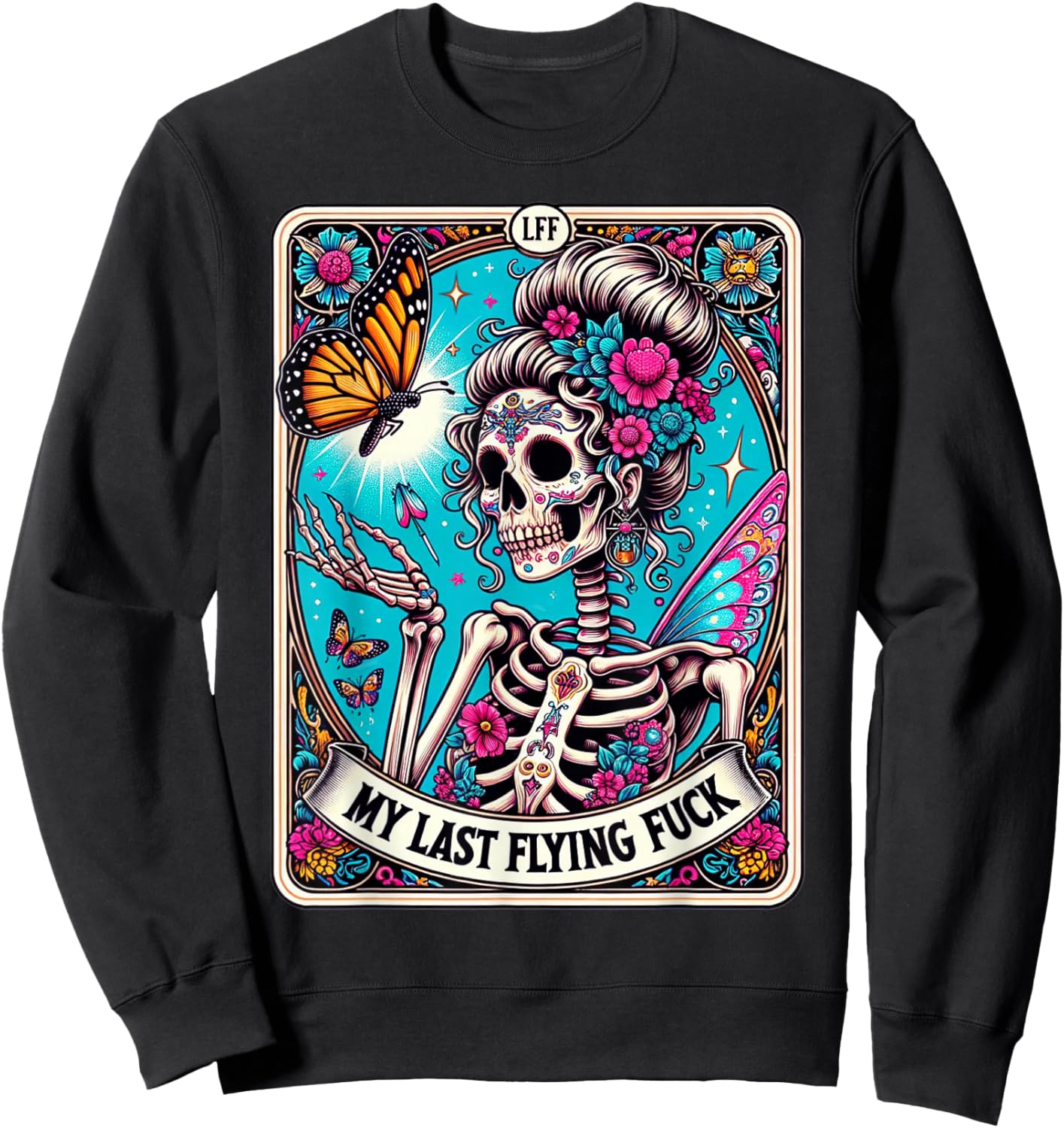 My Last Flying, Funny Sayings Skeleton Retro 70s Tarot Card Sweatshirt - Sweatshirt | Black