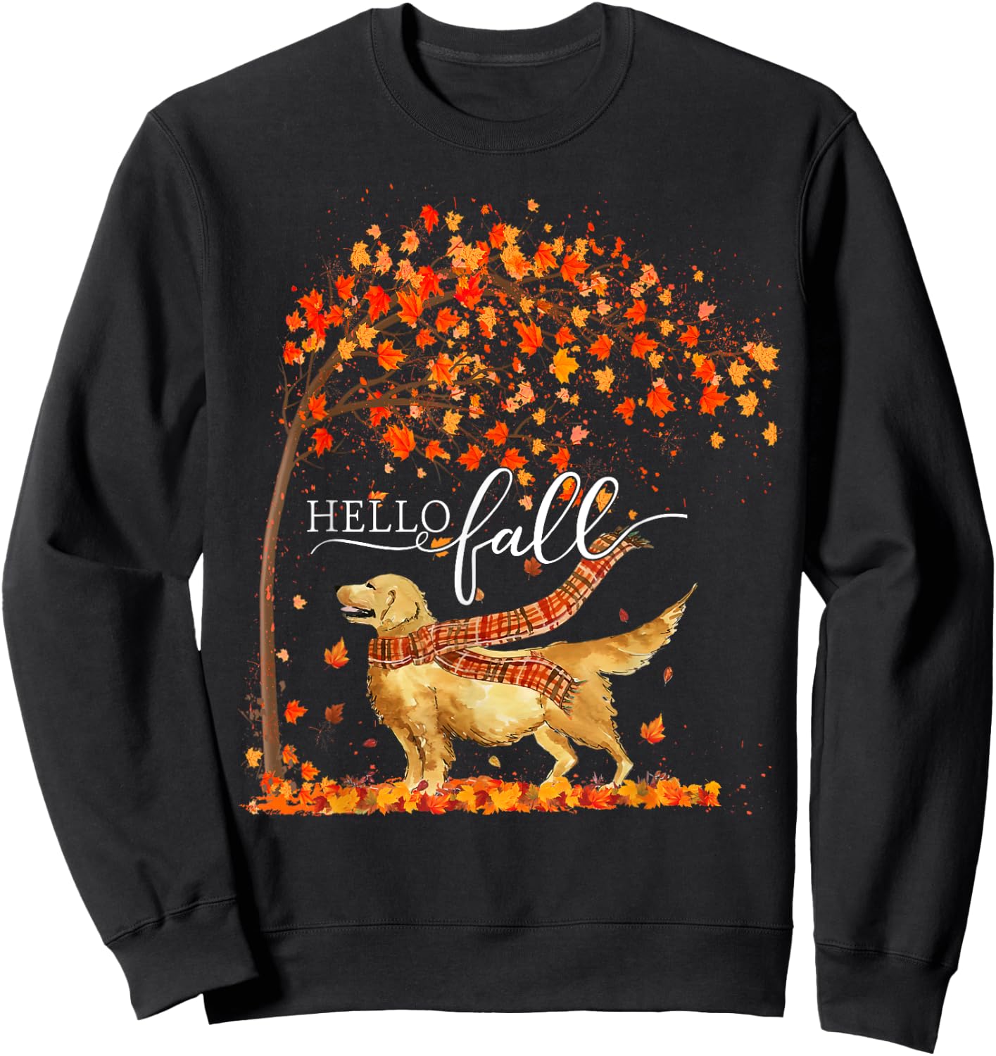 Hello Fall Tree Thanksgiving Dog Lover Golden Retriever Women Sweatshirt - Sweatshirt | Black
