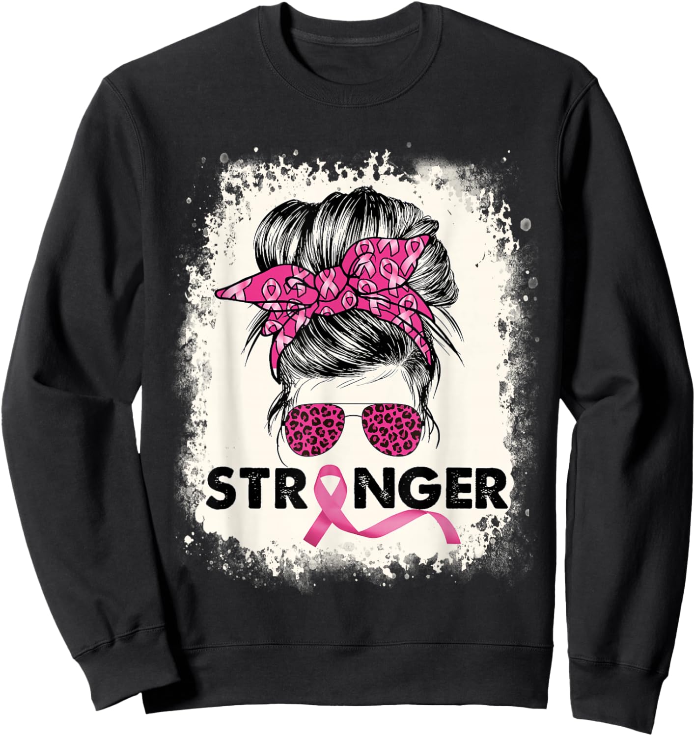 Stronger Messy Bun Breast Cancer Awareness Pink Warrior Sweatshirt - Sweatshirt | Black