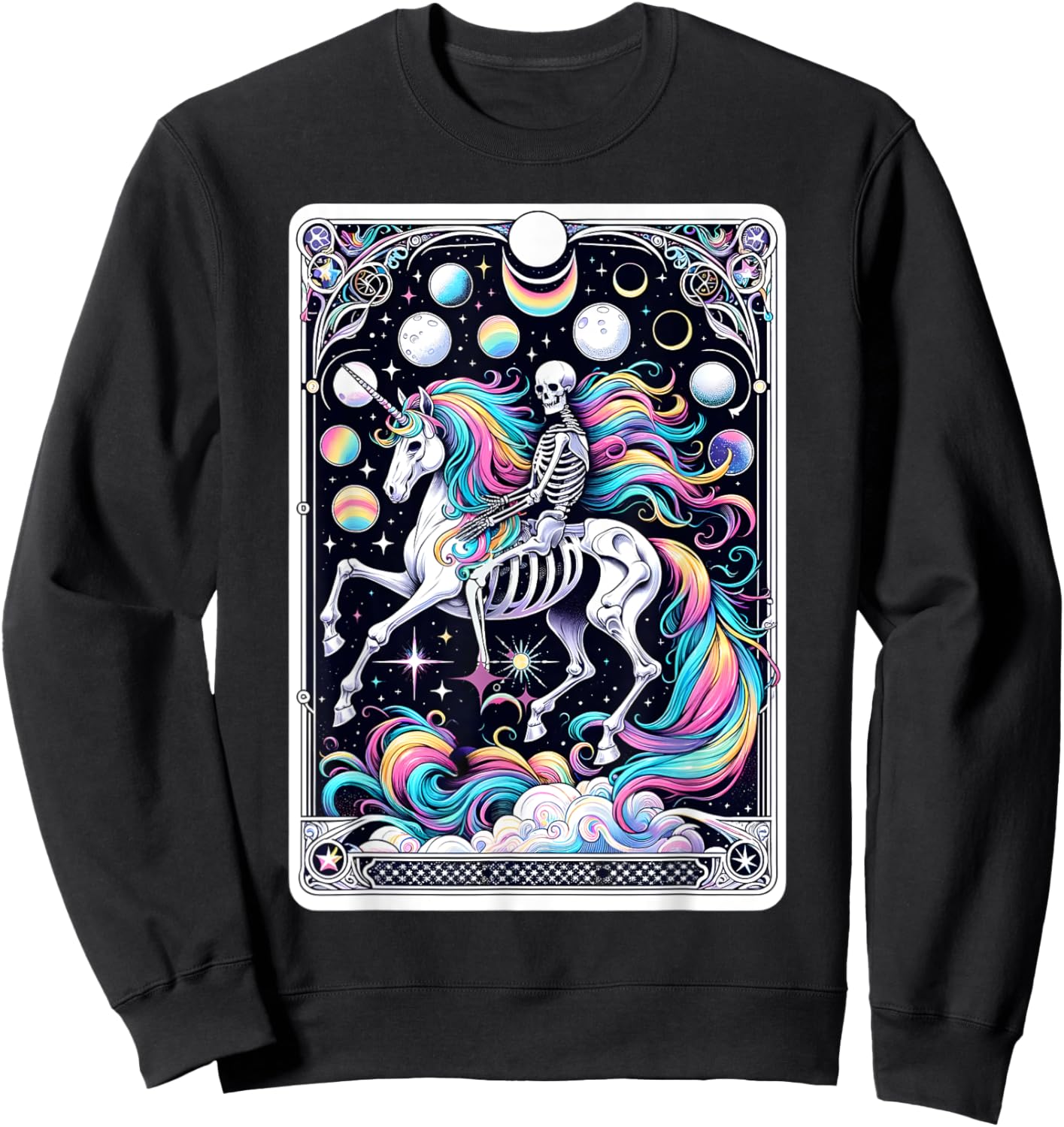 Skeleton Riding Unicorn Tarot Card Celestial Fantasy Art Sweatshirt - Sweatshirt | Black