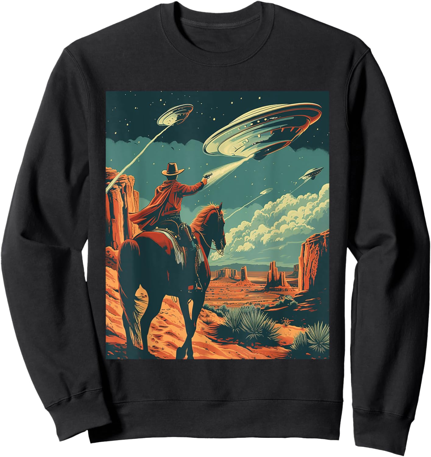 Retro Desert Cowboy Riding Horse Shooting At Space UFO Art Sweatshirt - Sweatshirt | Black
