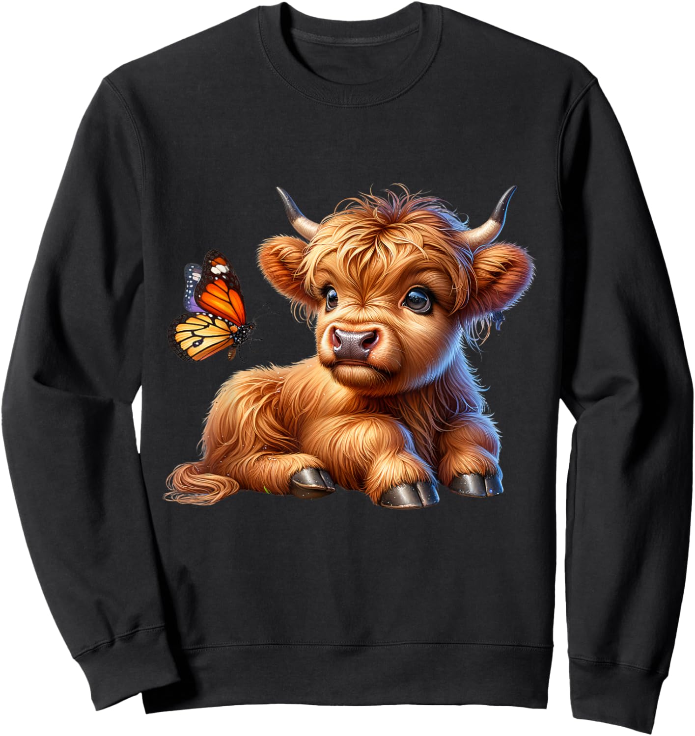 Cow, Scottish Highland Cow with Butterfly, Highland Cow Sweatshirt - Sweatshirt | Black