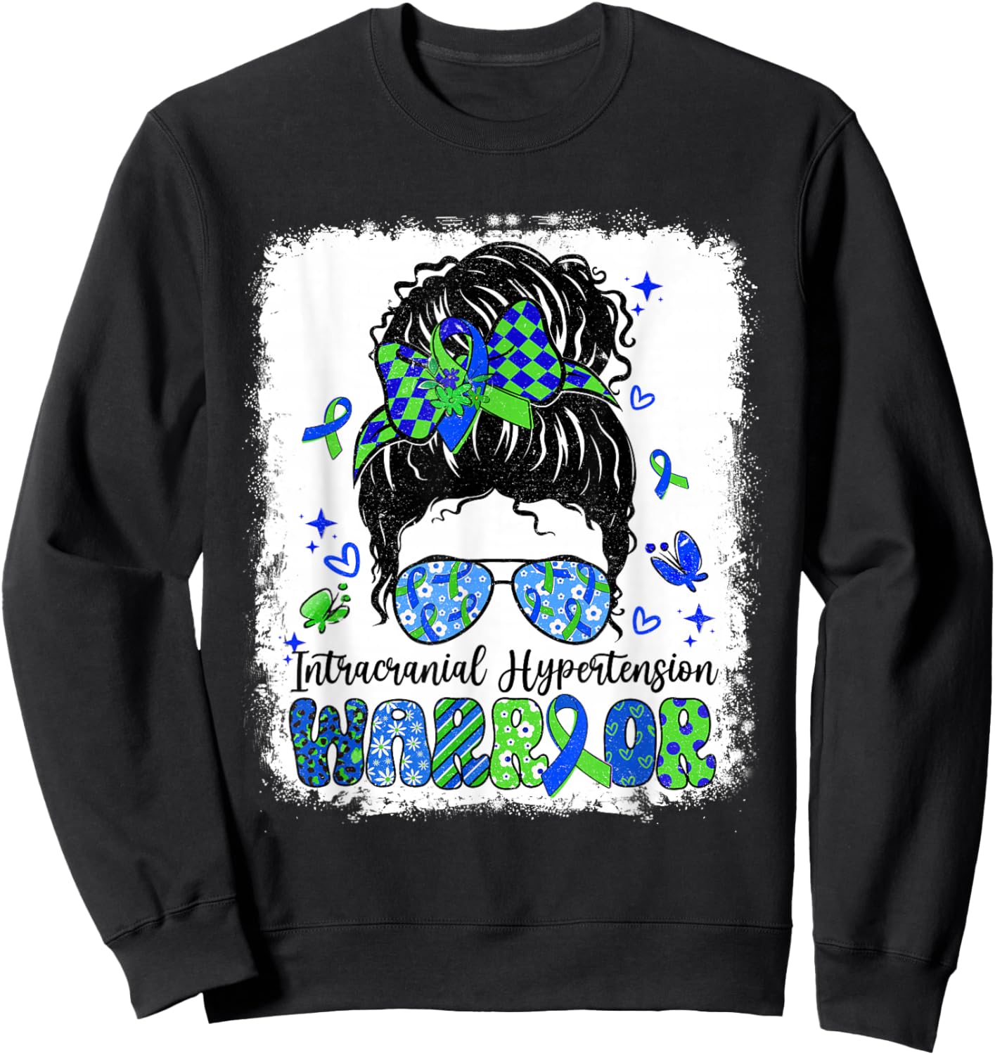 Warrior Messy Bun Green Blue Intracranial Hypertension Sweatshirt - Sweatshirt | Black