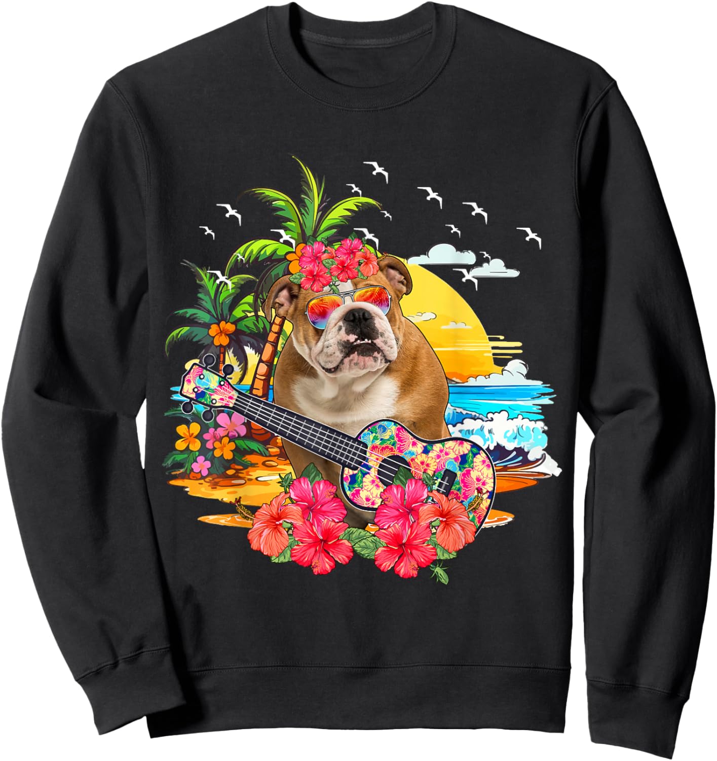 Hawaiian Floral Bulldog Sunglasses Playing Guitar On Beach Sweatshirt - Sweatshirt | Black