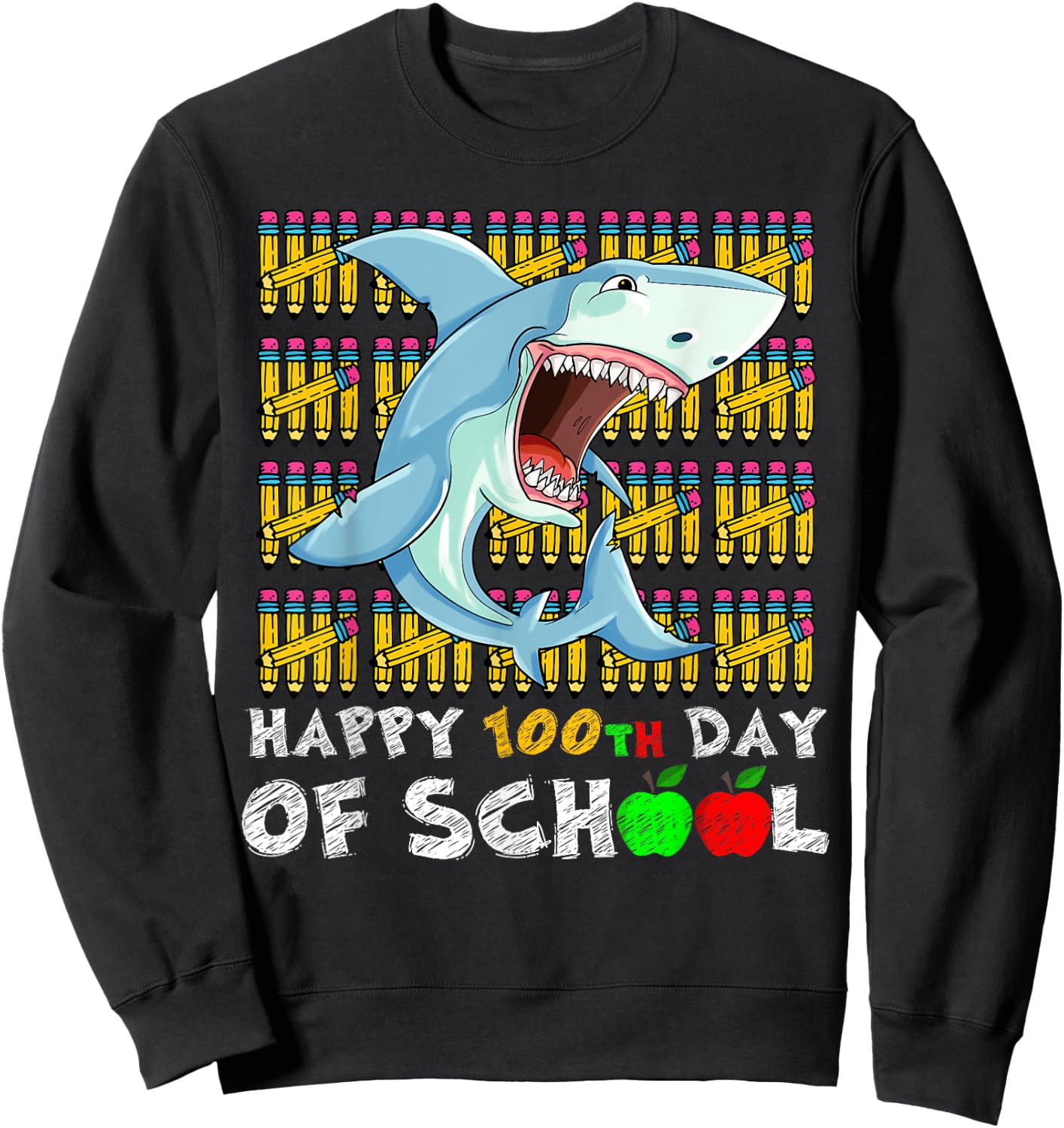 Happy 100th Day Of School Shark Funny Teacher Student Kids Sweatshirt - Sweatshirt | Black