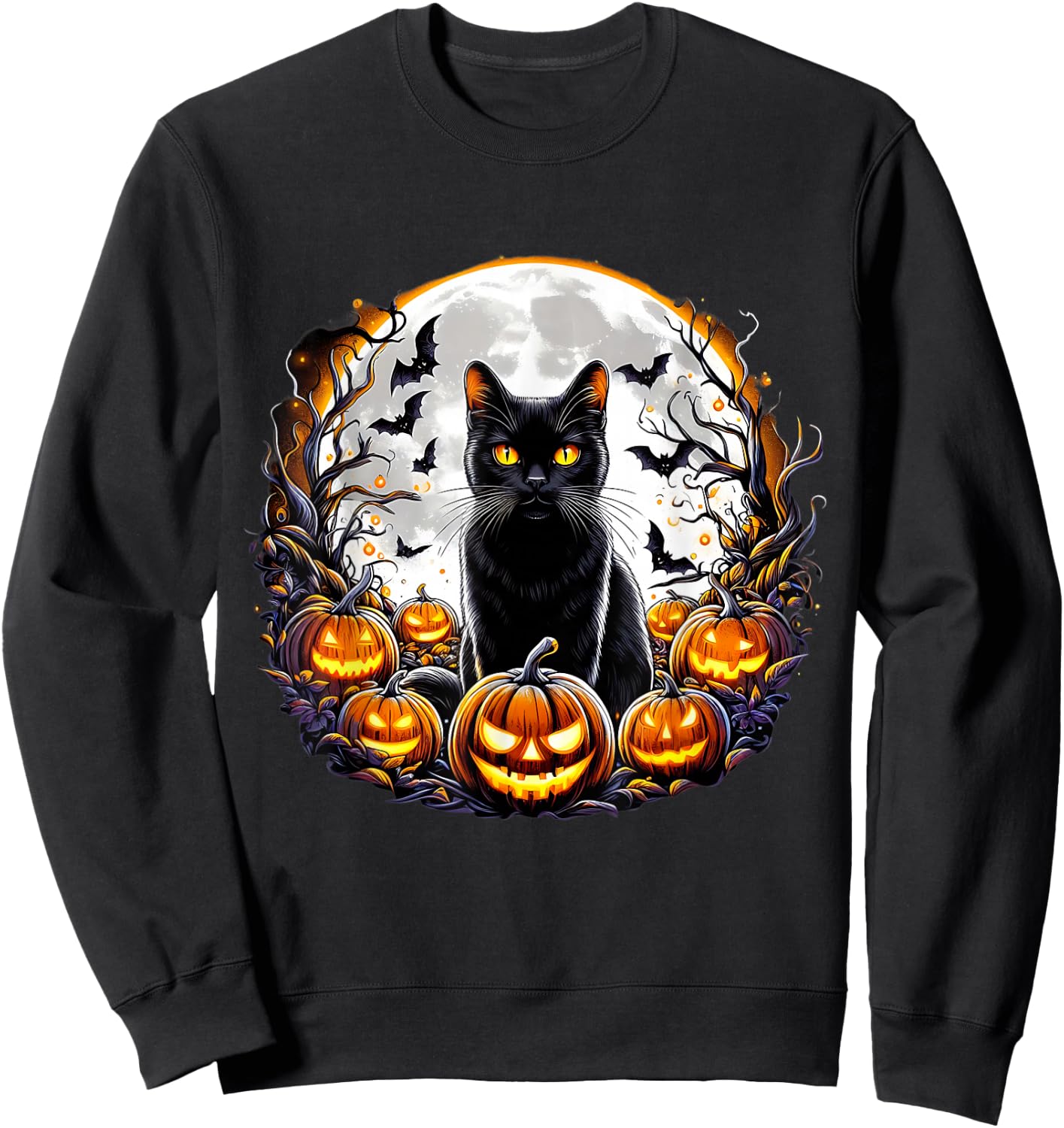 Black Cat Halloween Full Moon Bat Pumpkin Night Scary Women Sweatshirt - Sweatshirt | Black