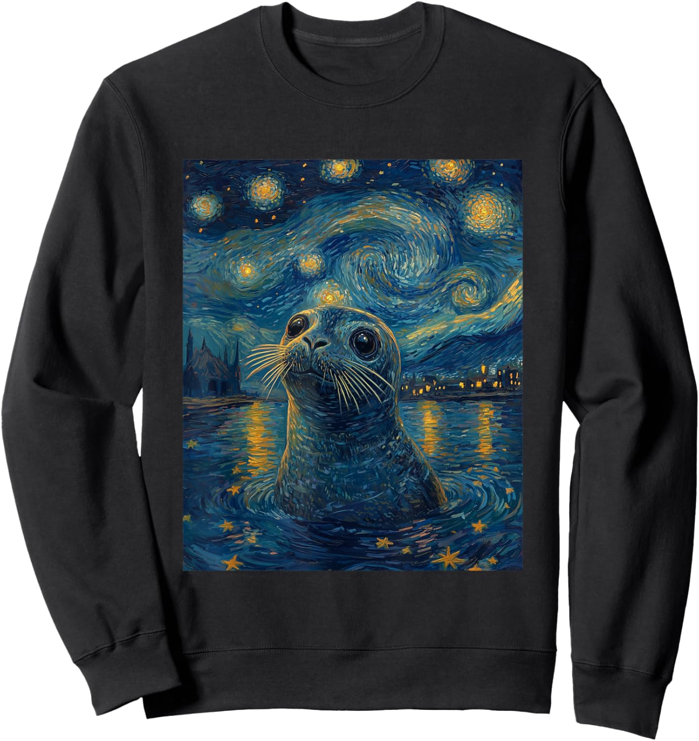 Cute Seal Sea Lion - Van Gogh Style - Starry Night Graphic Sweatshirt - Sweatshirt | Black