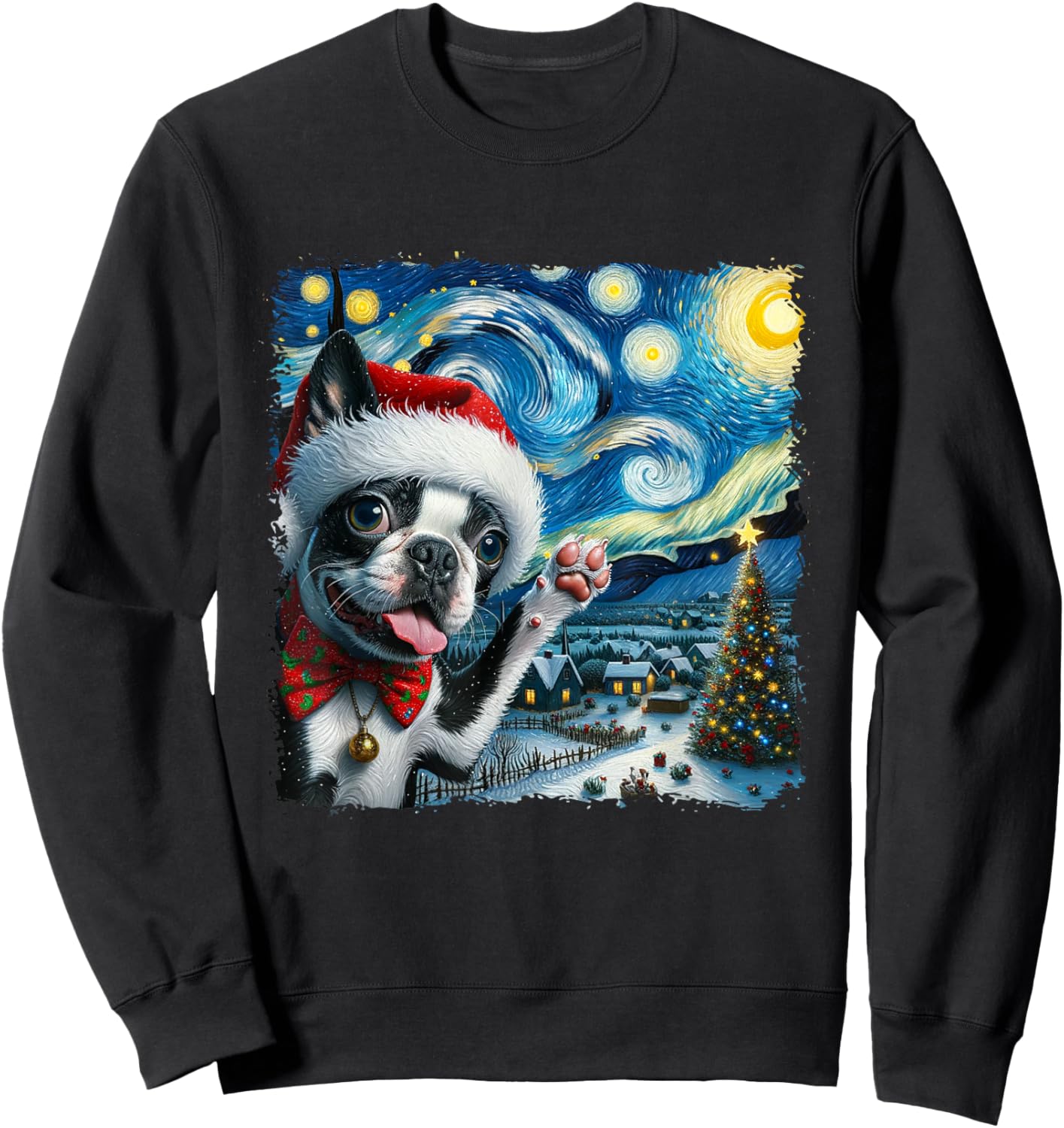 Boston Terrier Santa Starry Night Van Gogh Christmas Dog Men Women Kids Sweatshirt - Sweatshirt | Black