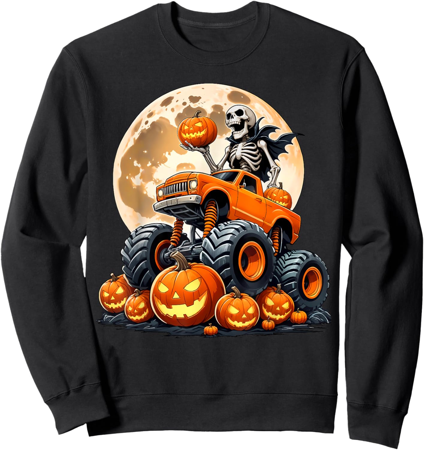 Skeleton Riding Monster Truck Halloween Pumpkin Kids Toddler Sweatshirt - Sweatshirt | Black