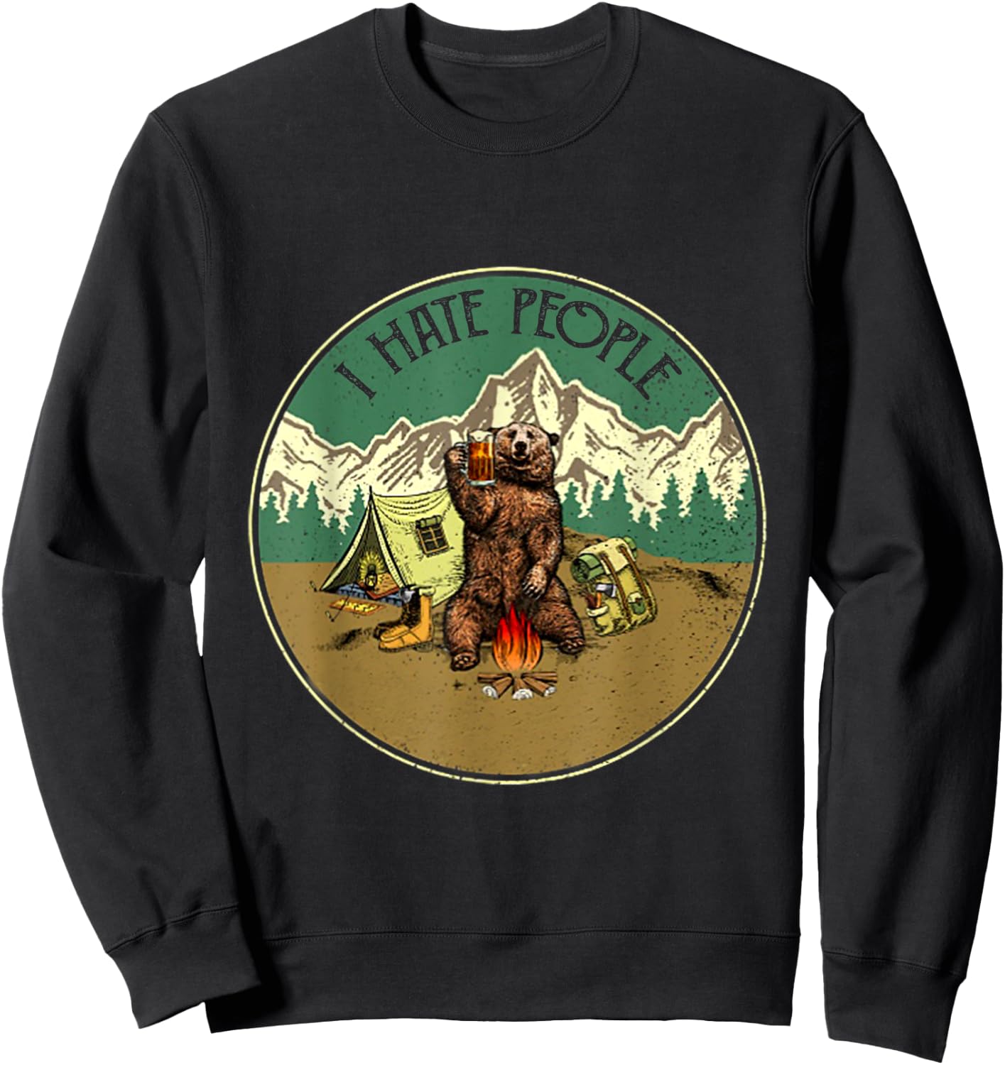 I Hate People Funny Bear Drinking Camper Sweatshirt - Sweatshirt | Black