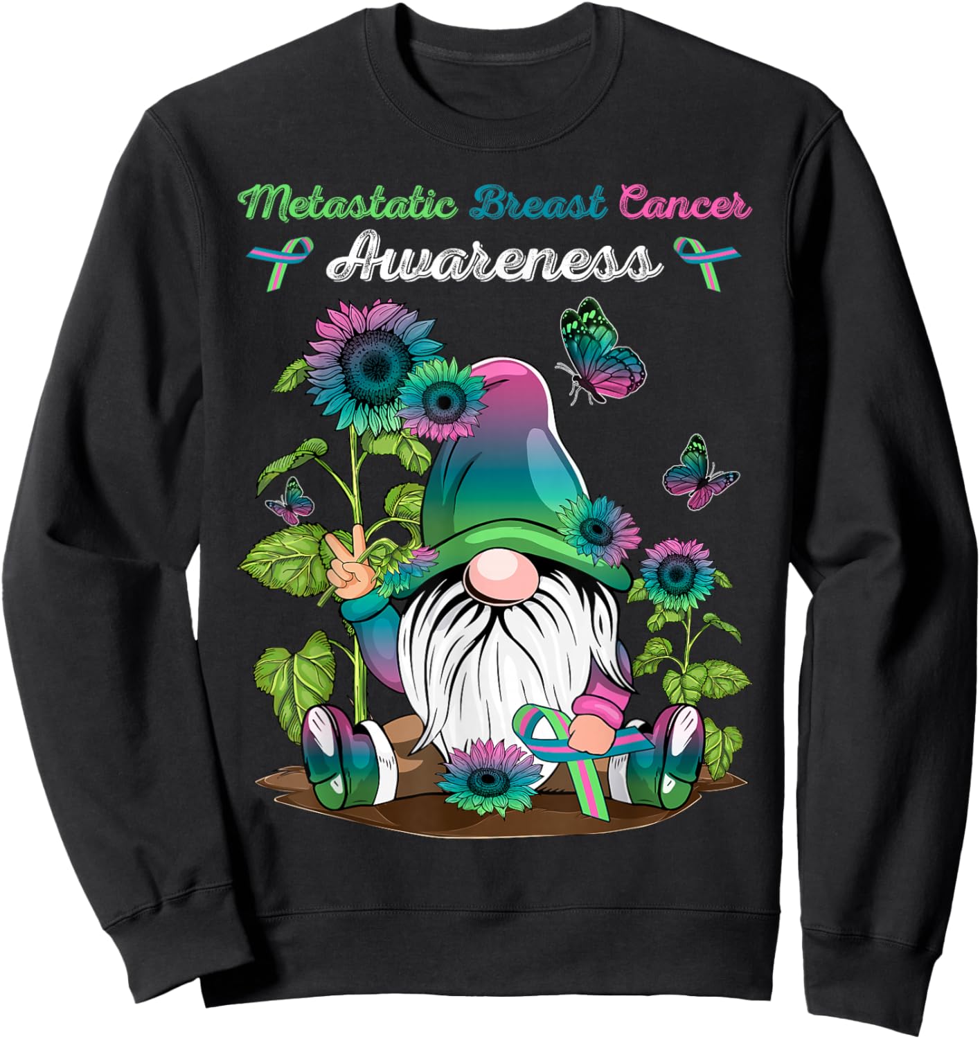 Metastatic Breast Cancer Gnome With Green Teal Pink Ribbon Sweatshirt - Sweatshirt | Black