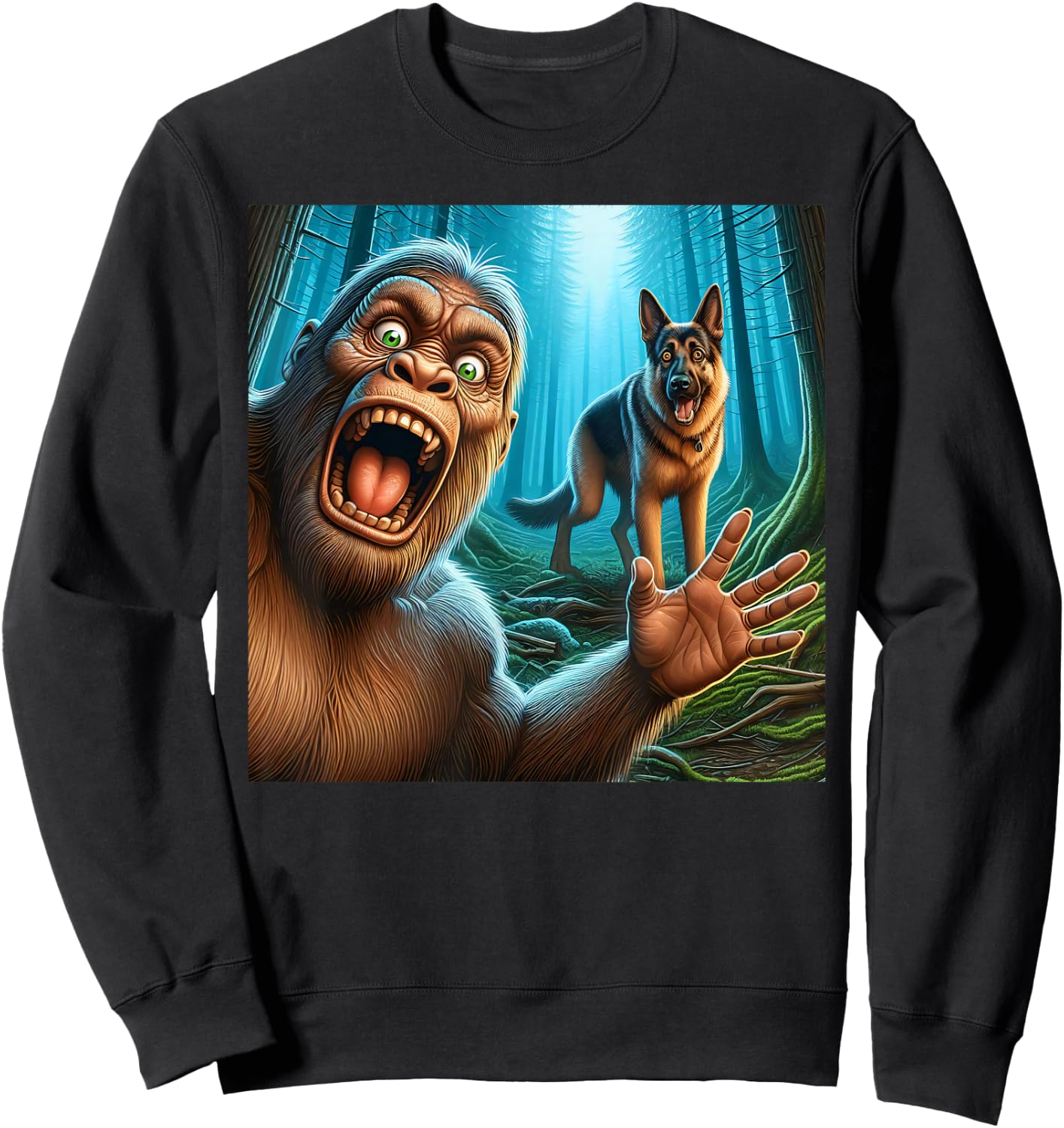 Bigfoot selfie with German shepherd surprised sasquatch Sweatshirt - Sweatshirt | Black