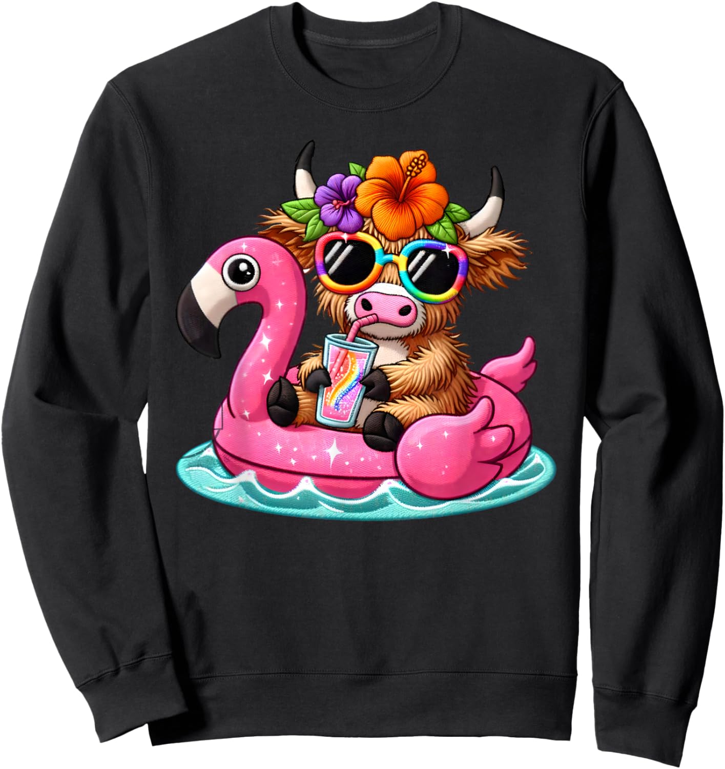 Highland Cow Flamingo Pool Float Summer Hawaii Beach Family Sweatshirt - Sweatshirt | Black