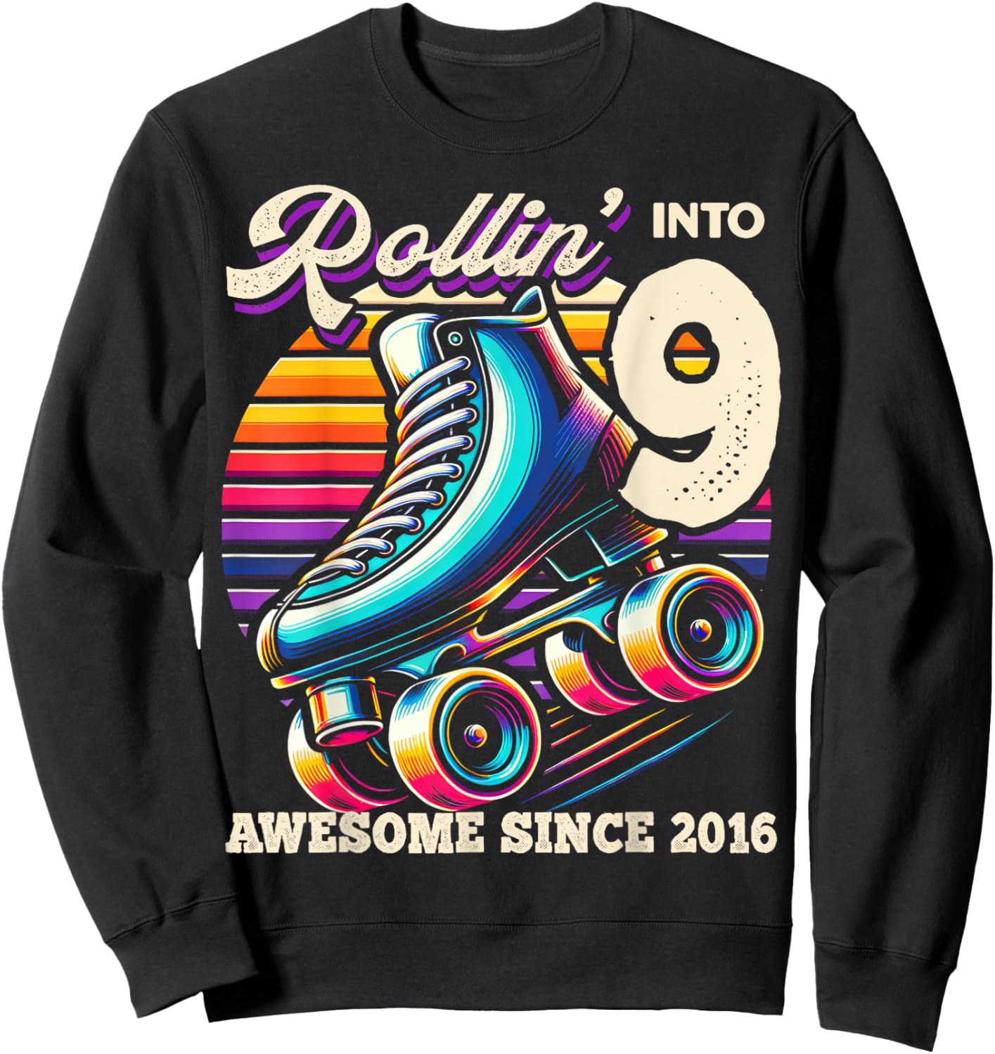 Birthday Roller Skating 9th Girls Rollin into 9 Skate Party Sweatshirt - Sweatshirt | Black