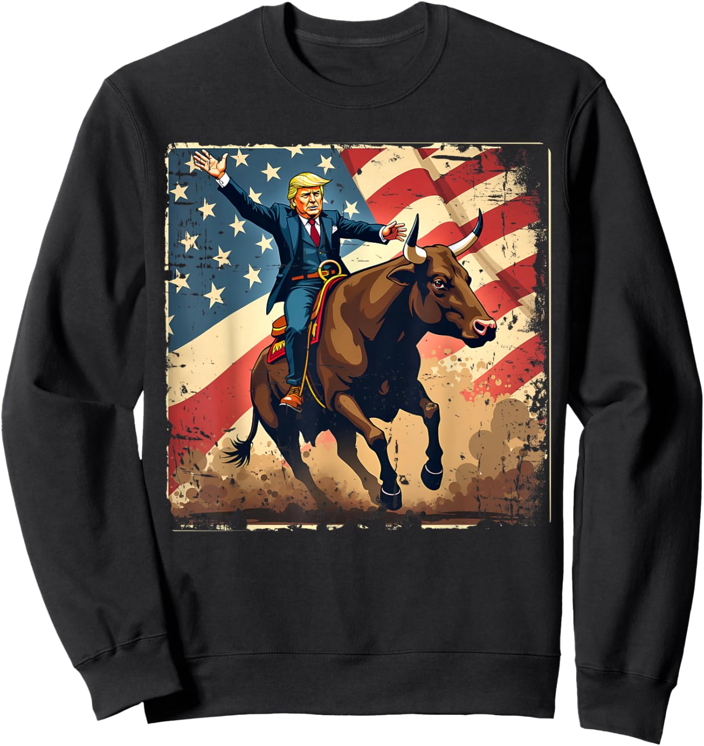 Trump Bull Rider American Flag USA Riding Rodeo Cowboy Sweatshirt - Sweatshirt | Black