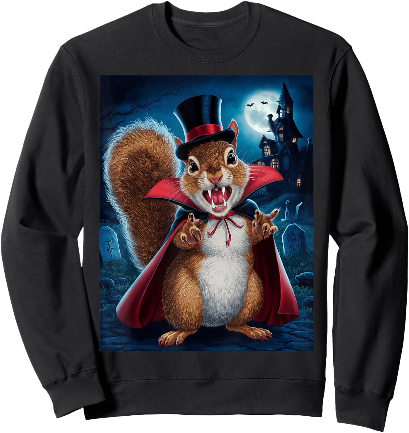 Vampire Squirrel Cartoon In Graveyard For Halloween Sweatshirt - Sweatshirt | Black