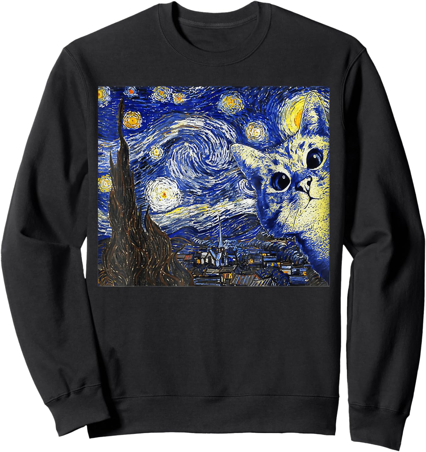 Cat , Starry Night Cat, Cat Shirt, Van Gogh Cat Sweatshirt - Sweatshirt | Black