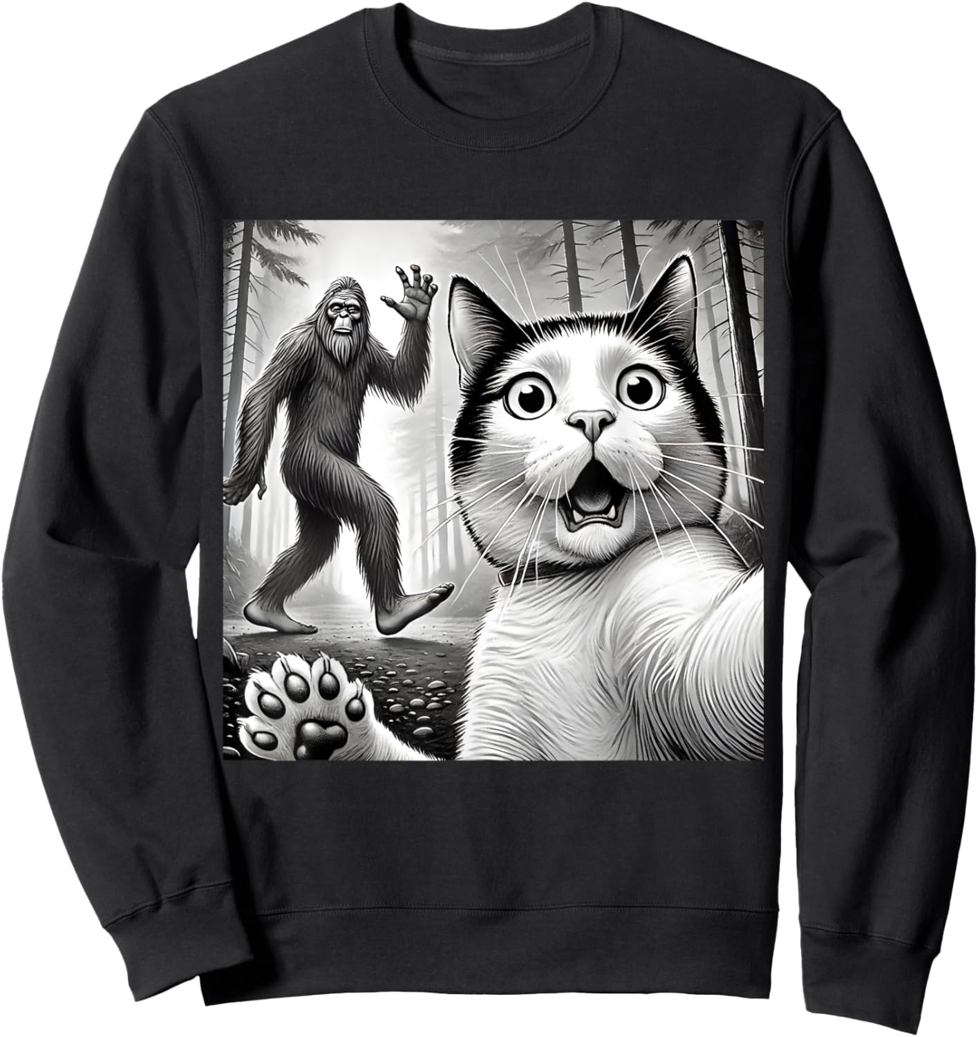 Funny Surprised Scared Cat Taking Selfie with Bigfoot Women Kids Sweatshirt - Sweatshirt | Black